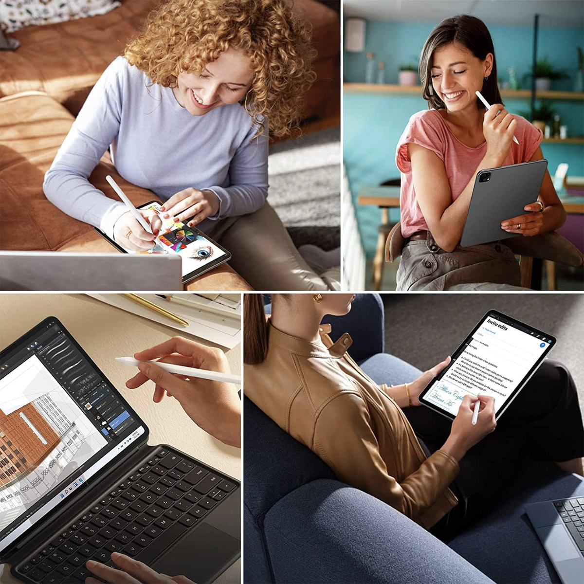Vier Bilder von Personen, die Tablets mit Stiften für kreative Aufgaben und Notizen verwenden.