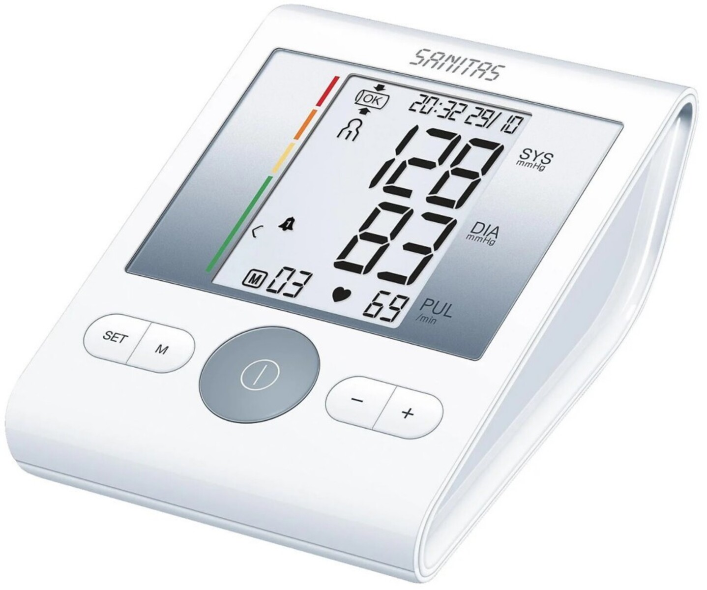 Ein weißes Blutdruckmessgerät, das Messwerte auf einem digitalen Bildschirm mit Knöpfen anzeigt.