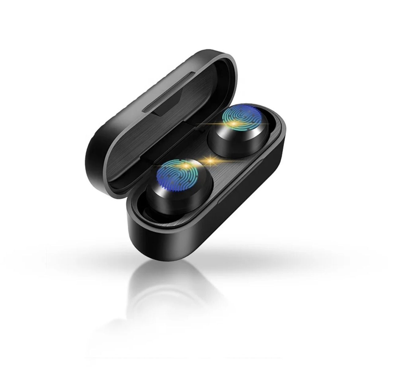 Schwarze kabellose Ohrhörer in einem schwarzen Ladeetui. Die Ohrhörer haben Fingerabdruckdesigns.