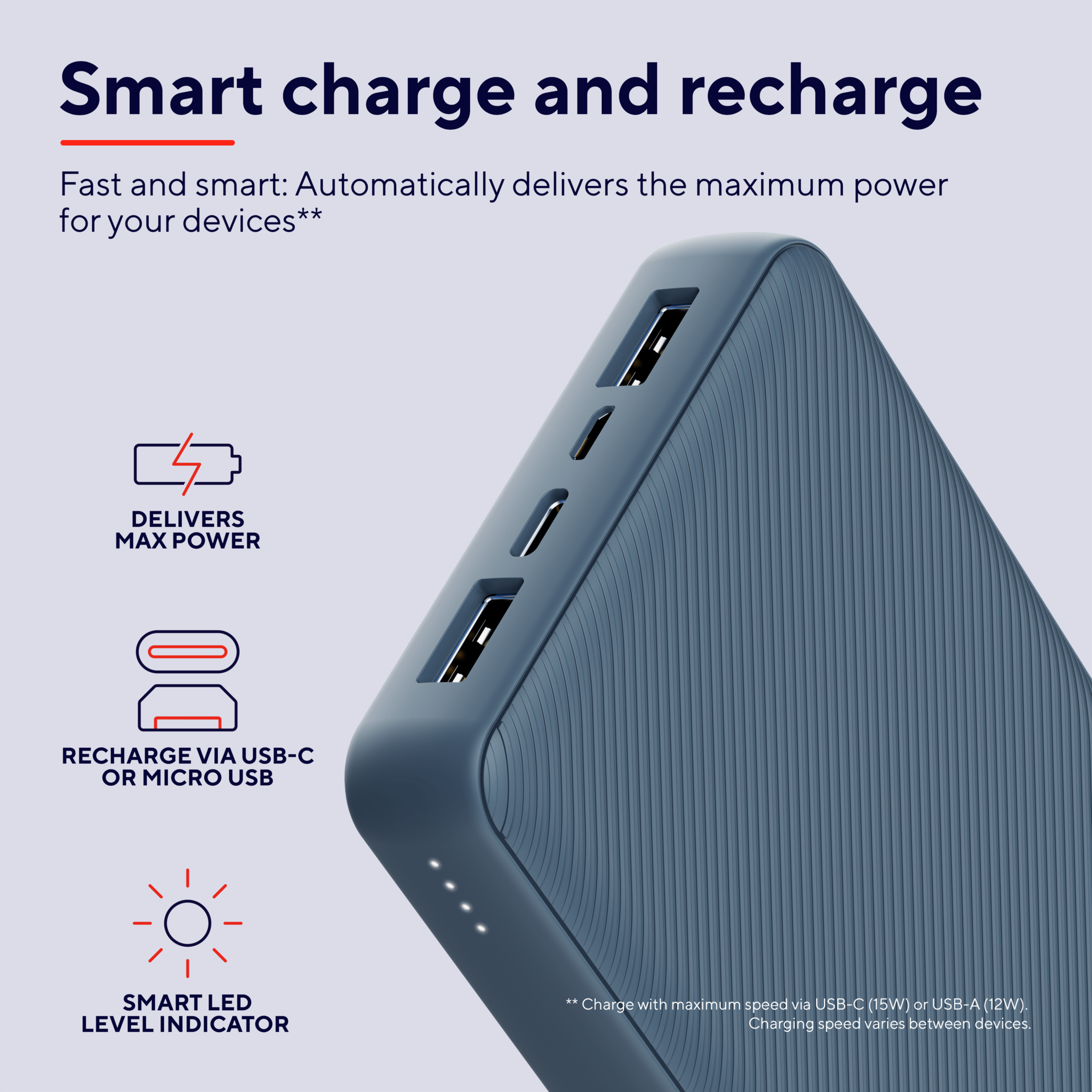 Batería externa azul y gris con puertos USB. Carga inteligente e indicador LED.