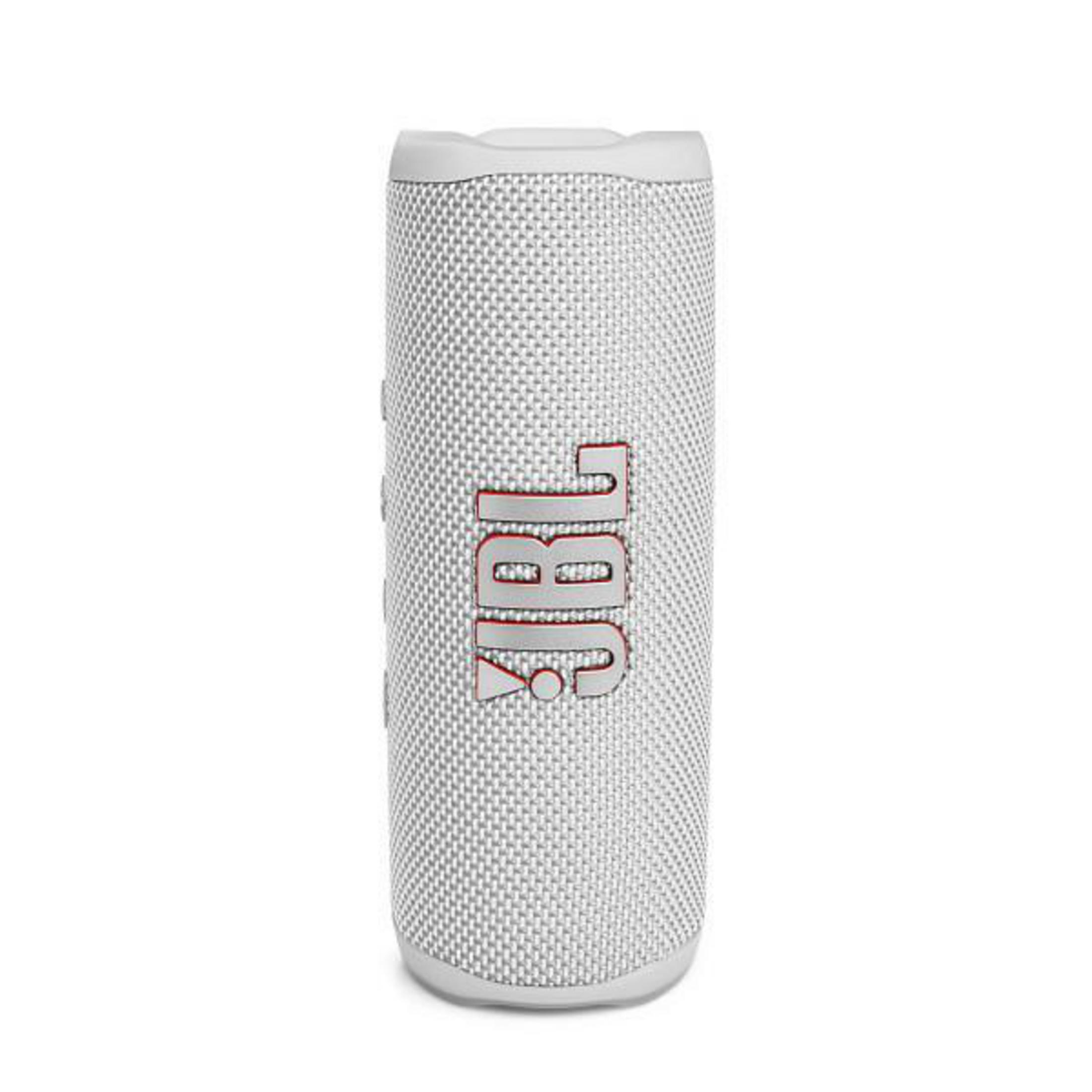 Un altavoz JBL blanco con la marca JBL roja, sobre un fondo blanco.