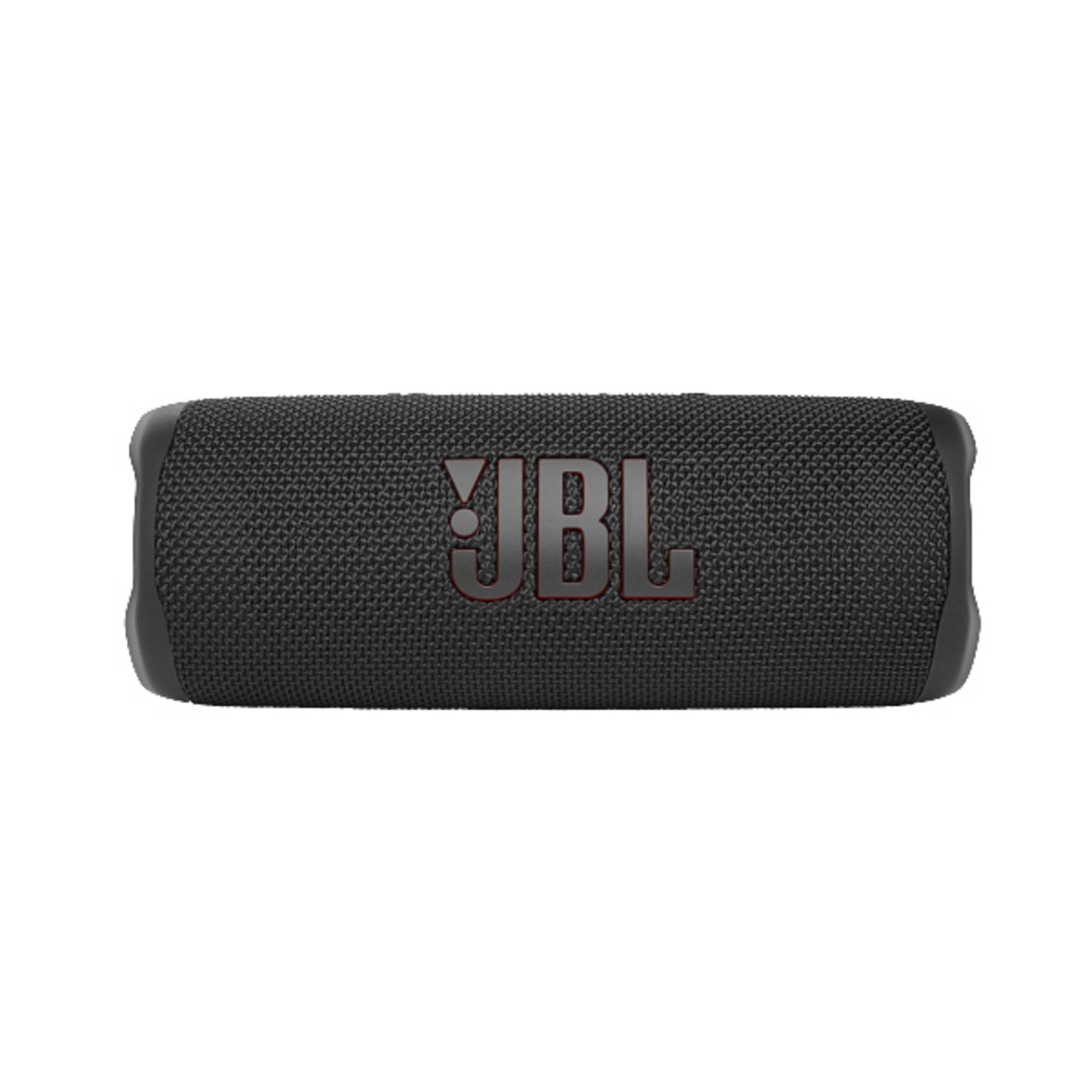 Schwarzer JBL-Lautsprecher. JBL-Logo in Rot. Rechteckige Form.