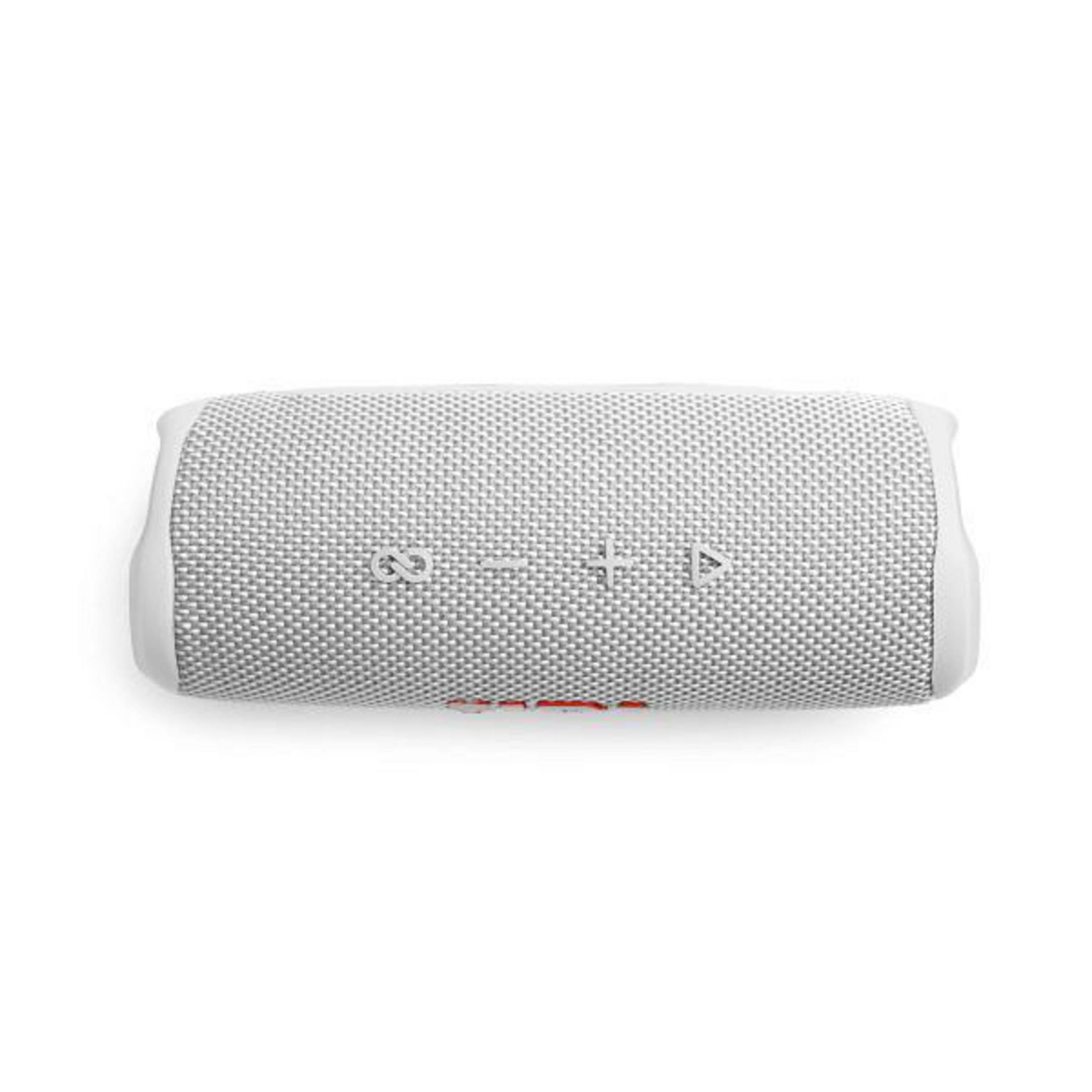 Un altavoz JBL blanco. La vista superior muestra los botones de control y el logotipo de JBL. El altavoz está centrado.