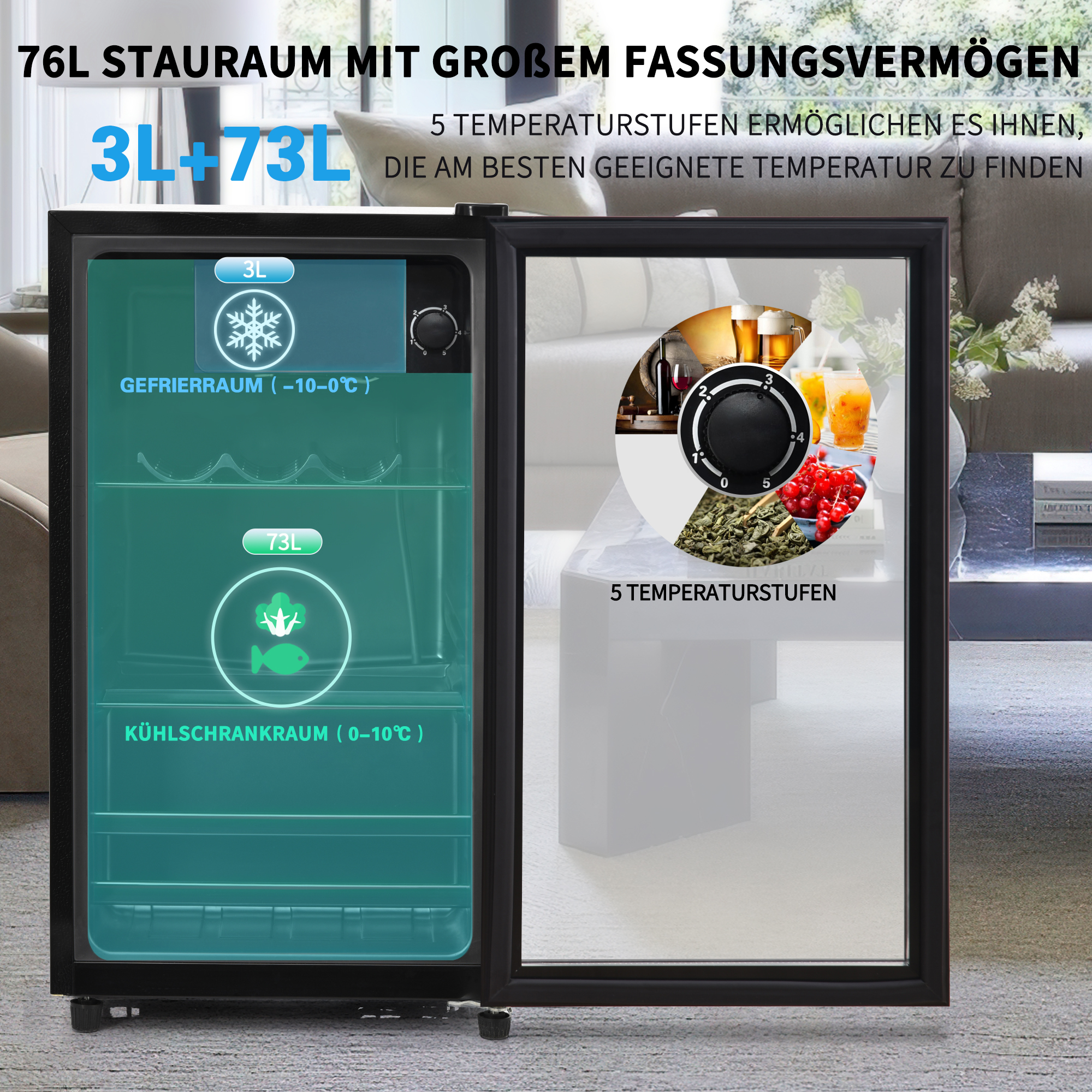 Kühlschrank mit Gefrier- und Kühlbereich. Ein Drehregler zeigt Temperatureinstellungen. Die Tür ist geöffnet.