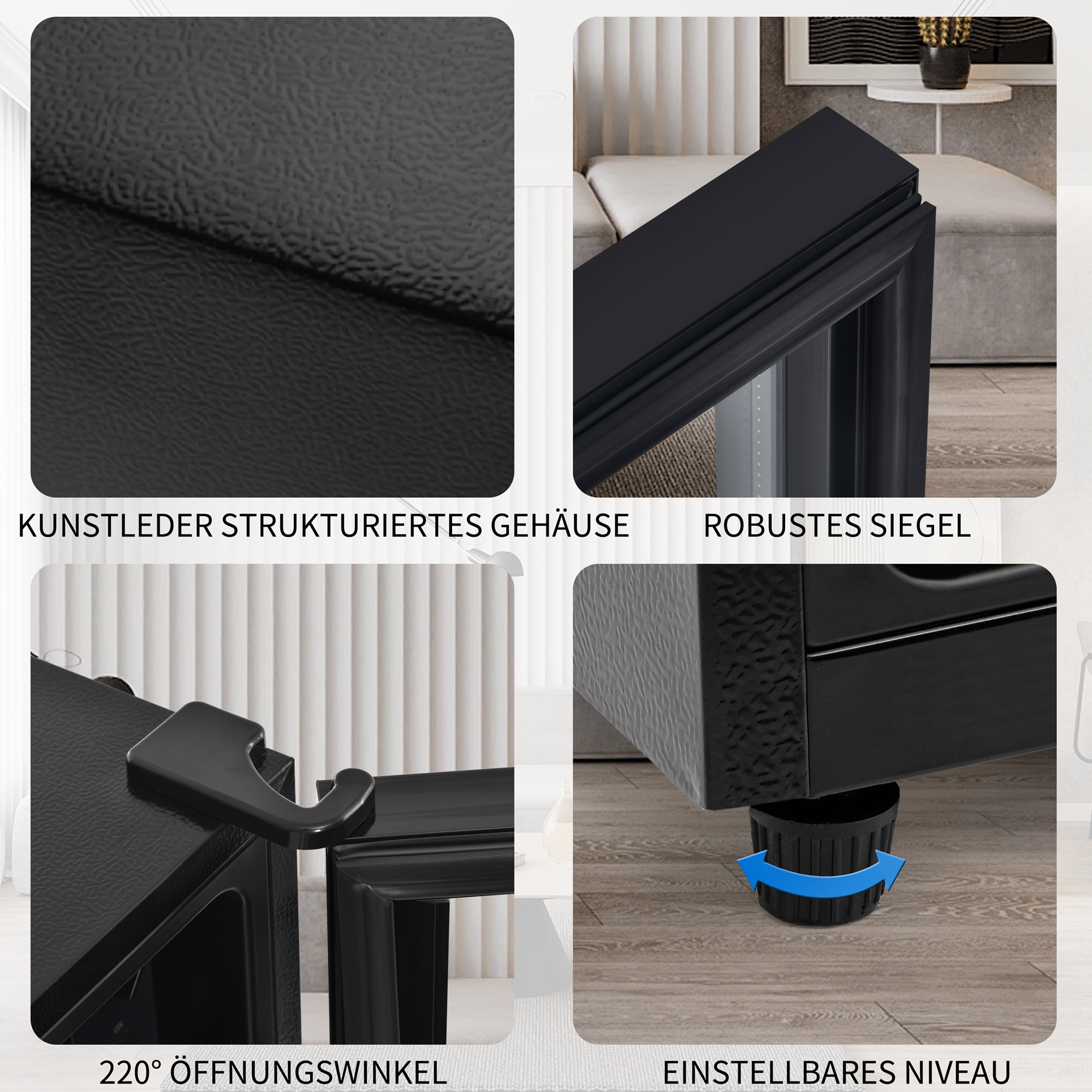 Nahaufnahmen eines schwarzen Schranks, mit Beschriftungen und Details.