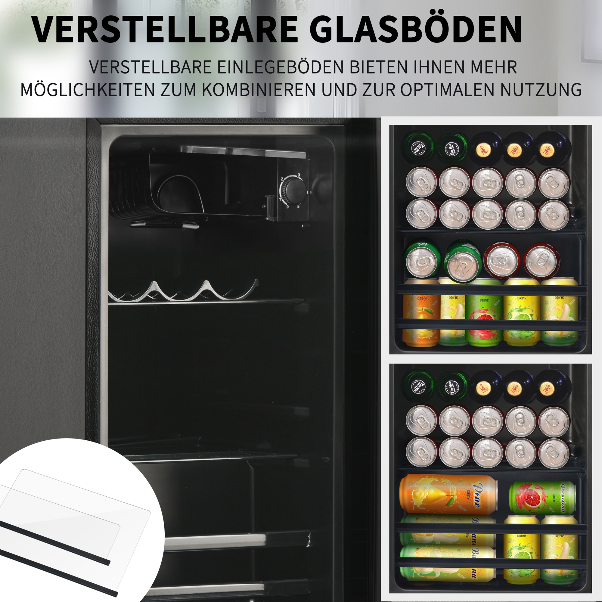 Ein Kühlschrank mit verstellbaren Glasböden, der Dosen und Flaschen zeigt.