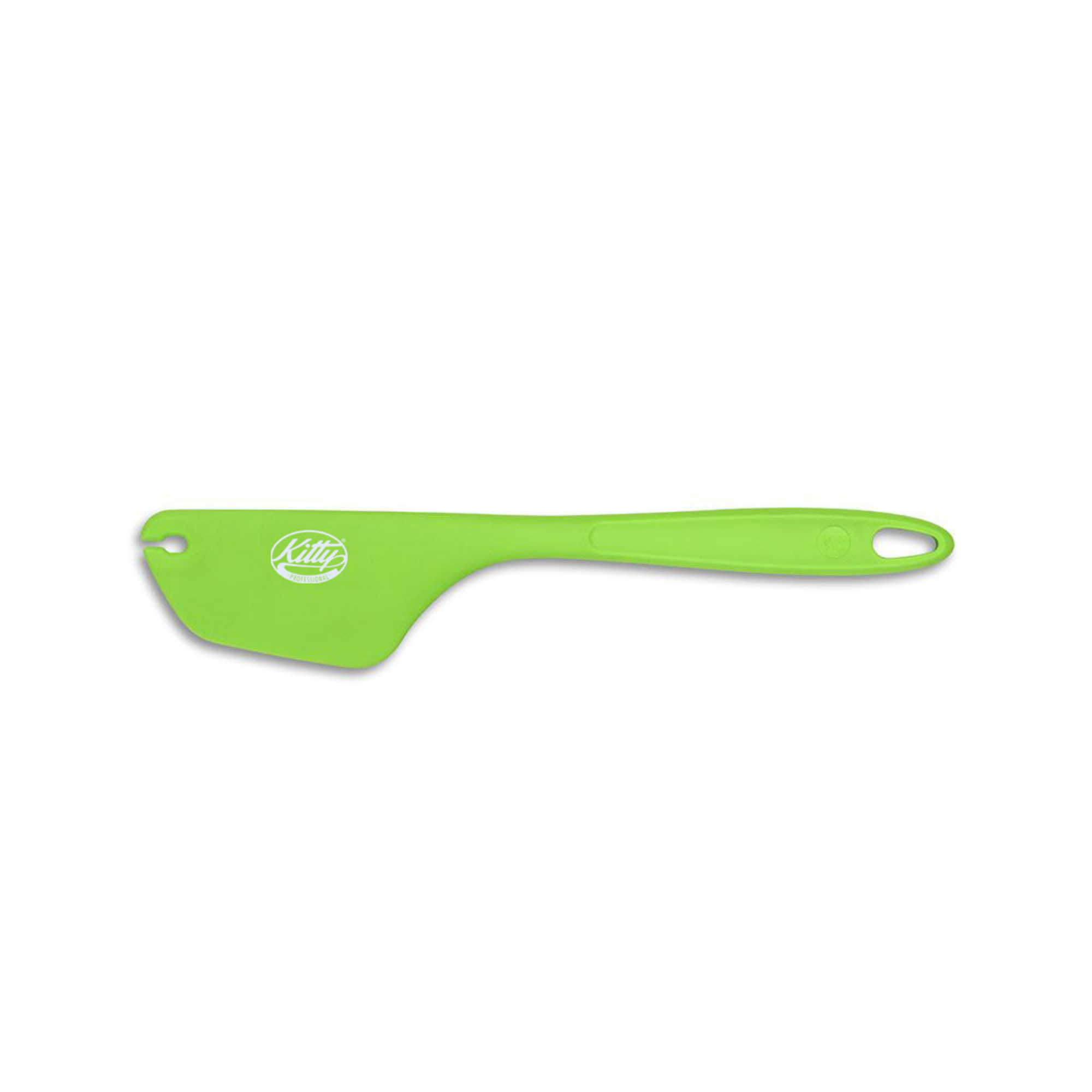 Grüner Spatel mit gebogener Klinge und Loch im Griff. Weißer Hintergrund.