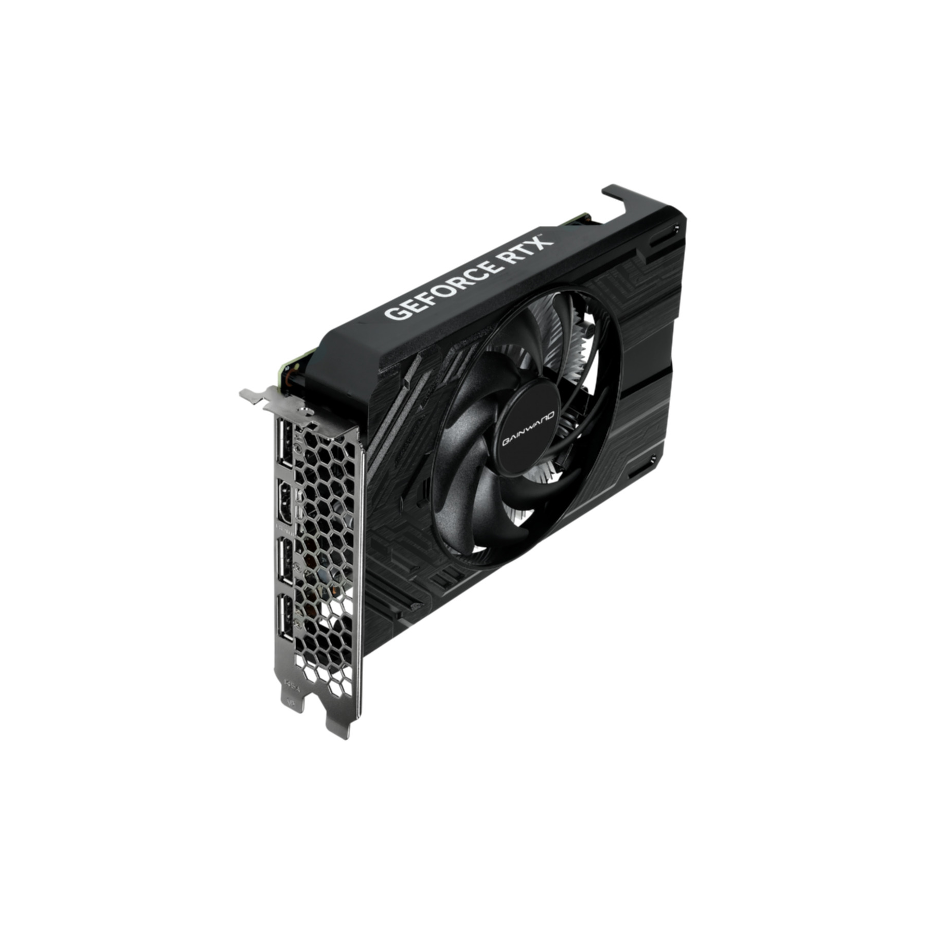 Scheda grafica con ventola nera, telaio in metallo e la scritta "GEFORCE RTX" sul lato.
