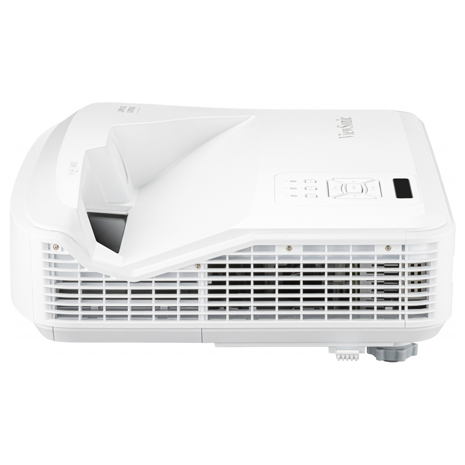 Biały projektor na białym tle. Posiada przyciski na górze i otwory wentylacyjne z boku.