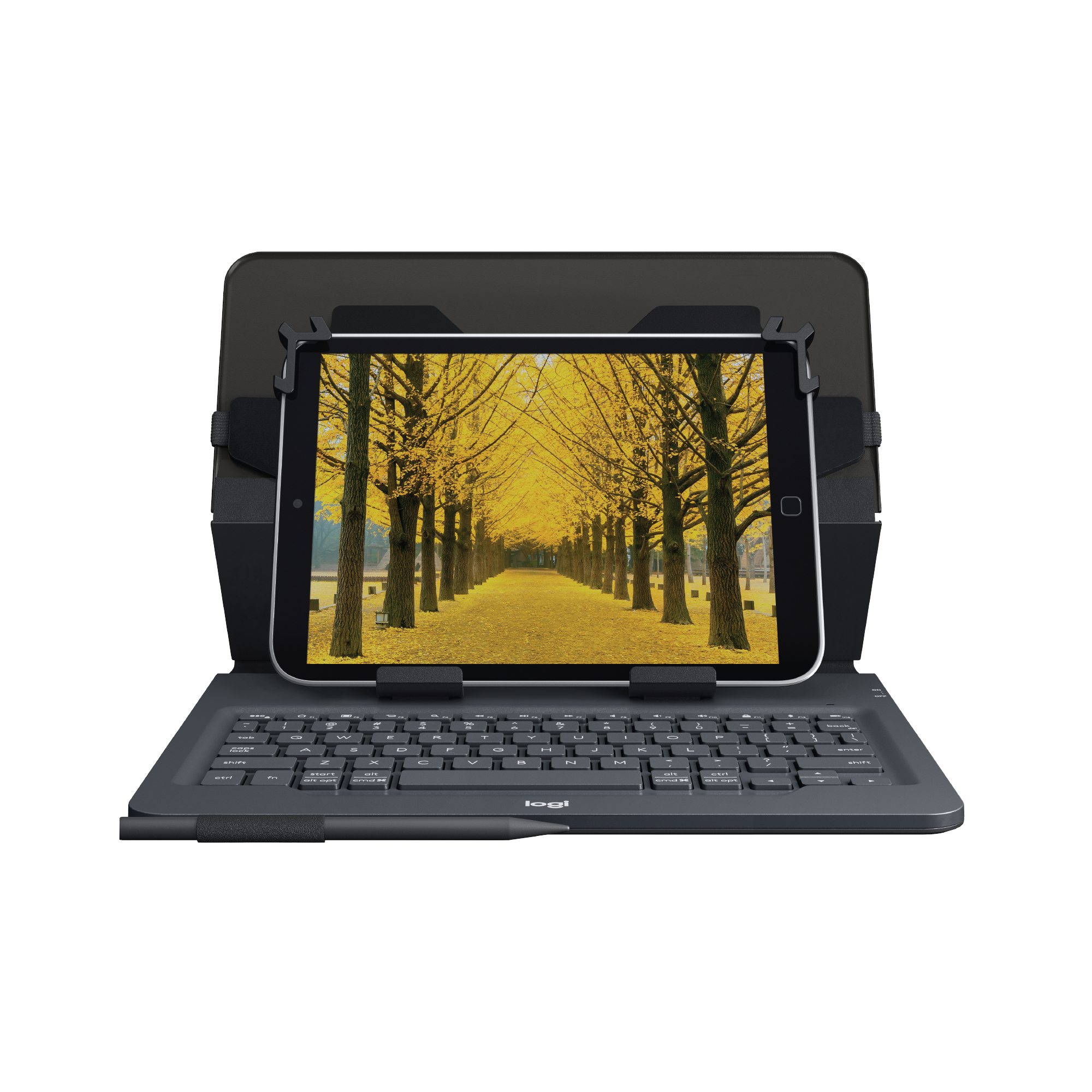 Un tablet è su una custodia per tastiera, che mostra un sentiero fiancheggiato da alberi gialli sul suo schermo.