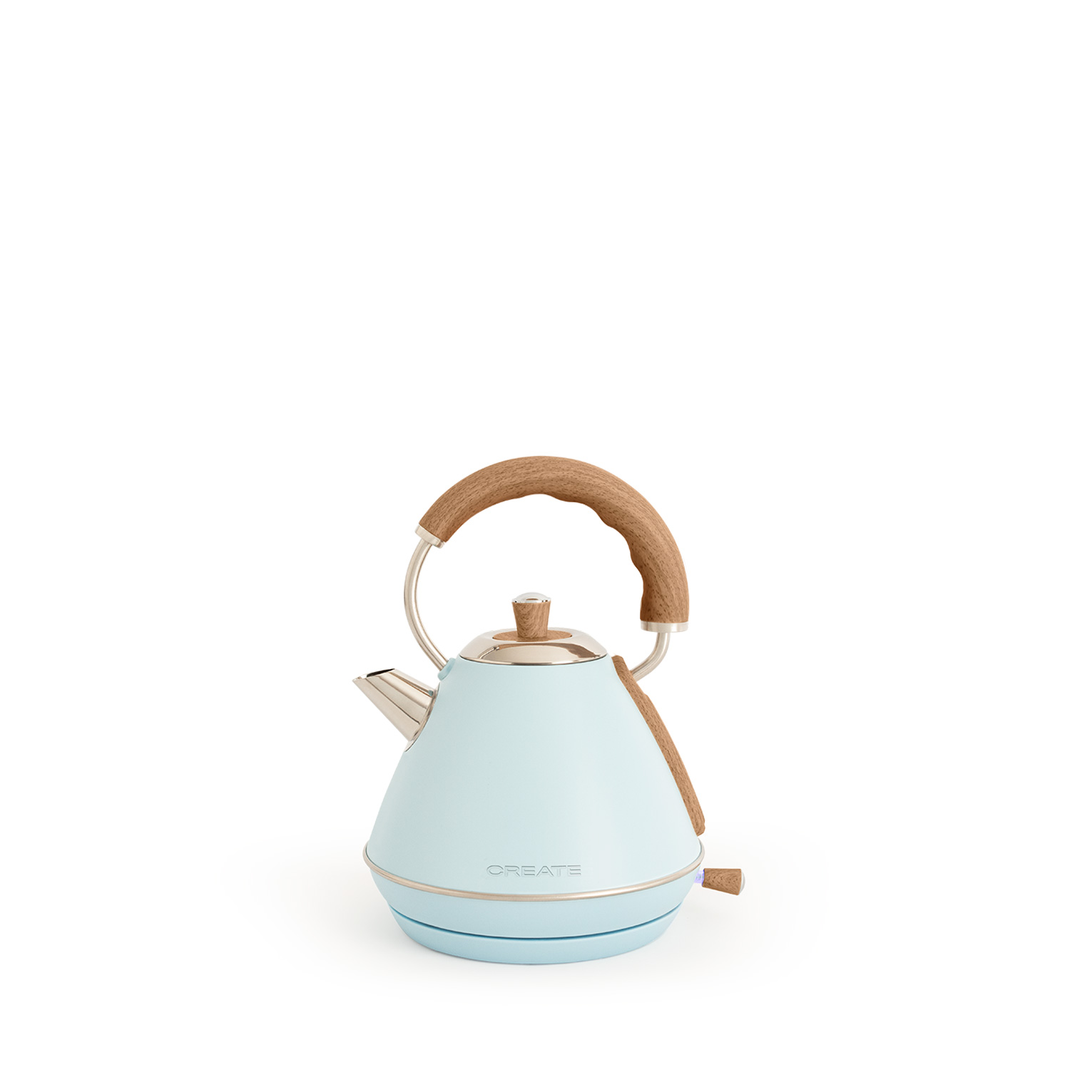 Hervidor celeste con mango y detalles de madera.
