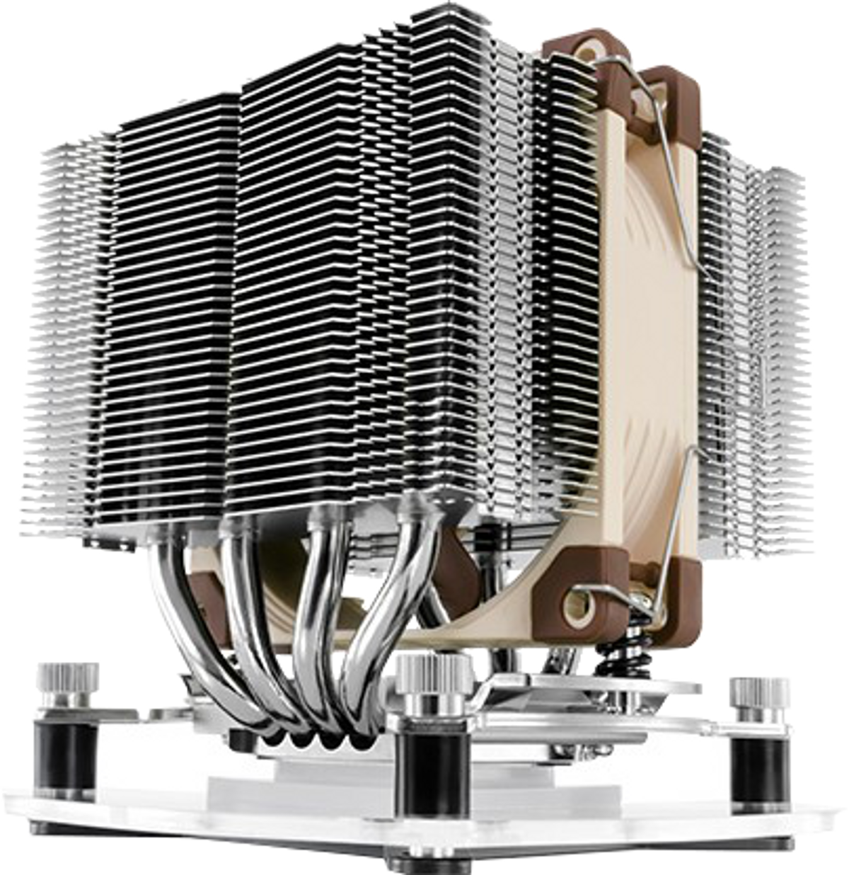 Chłodnica procesora z wieloma aluminiowymi żebrami i wentylatorem. Jest w kolorze beżowym i brązowym.