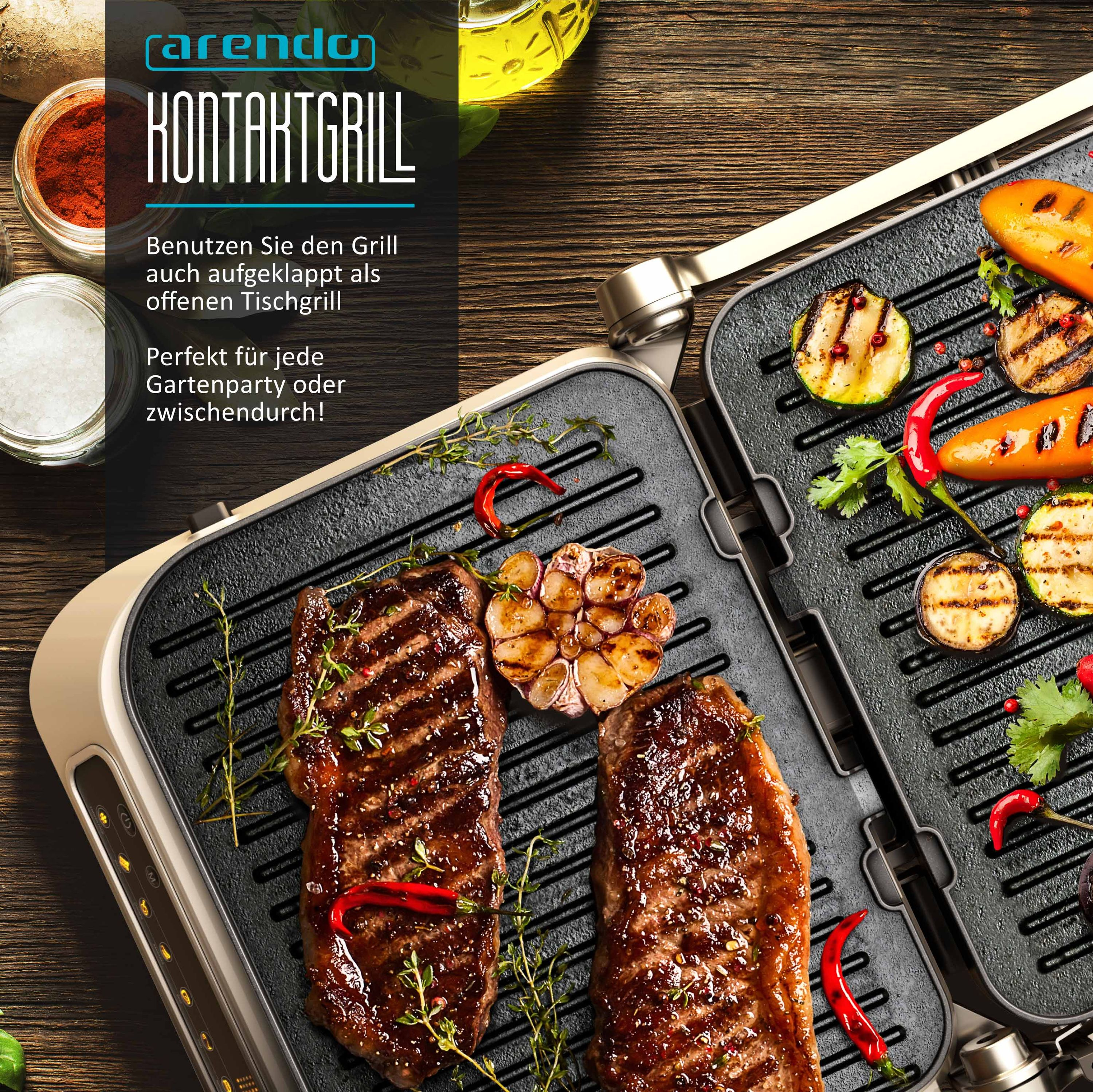 Gegrillte Steaks, Gemüse auf dem Grill, mit Text und Gewürzen.