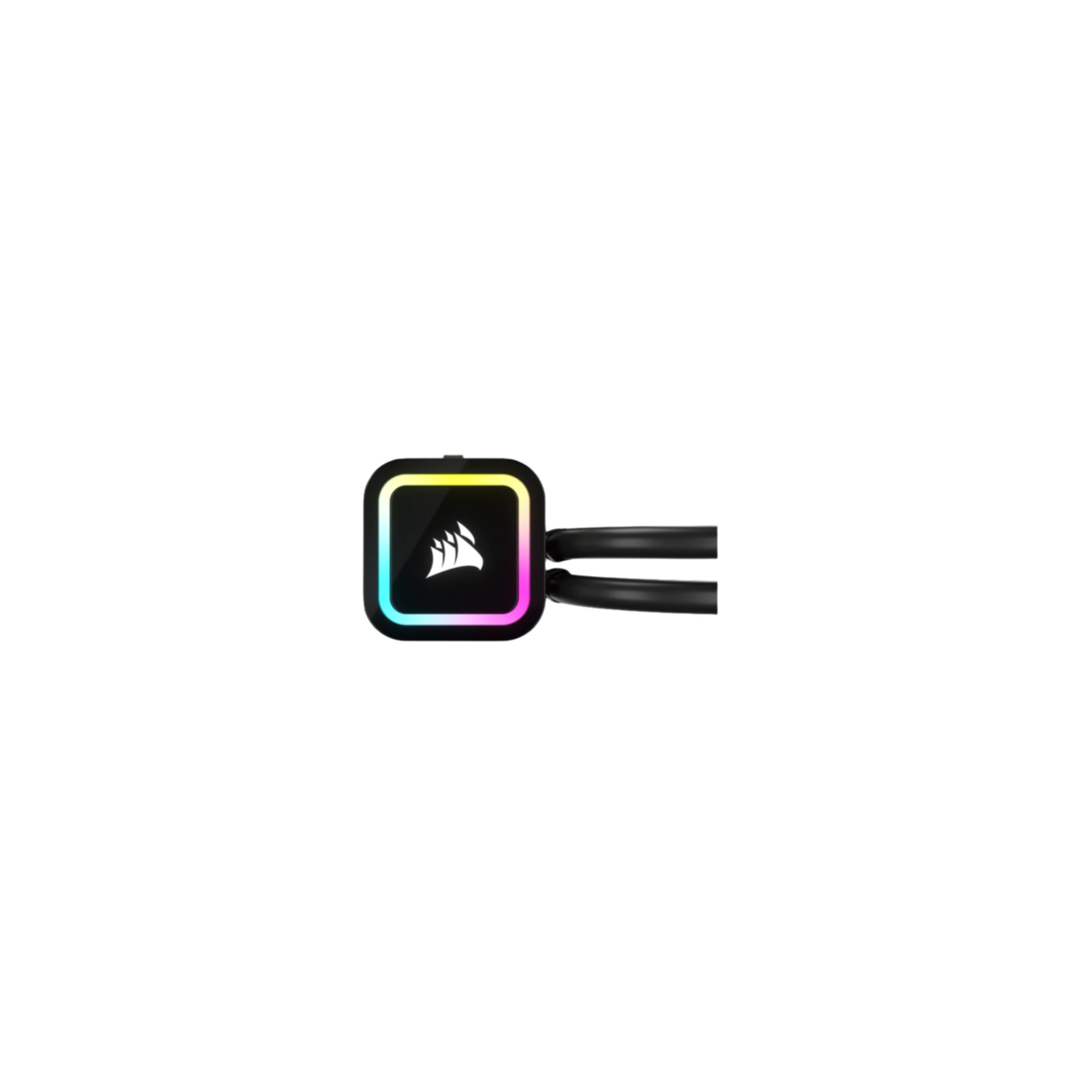 Dispositivo cuadrado negro con logo y tubos adjuntos. Fondo blanco.