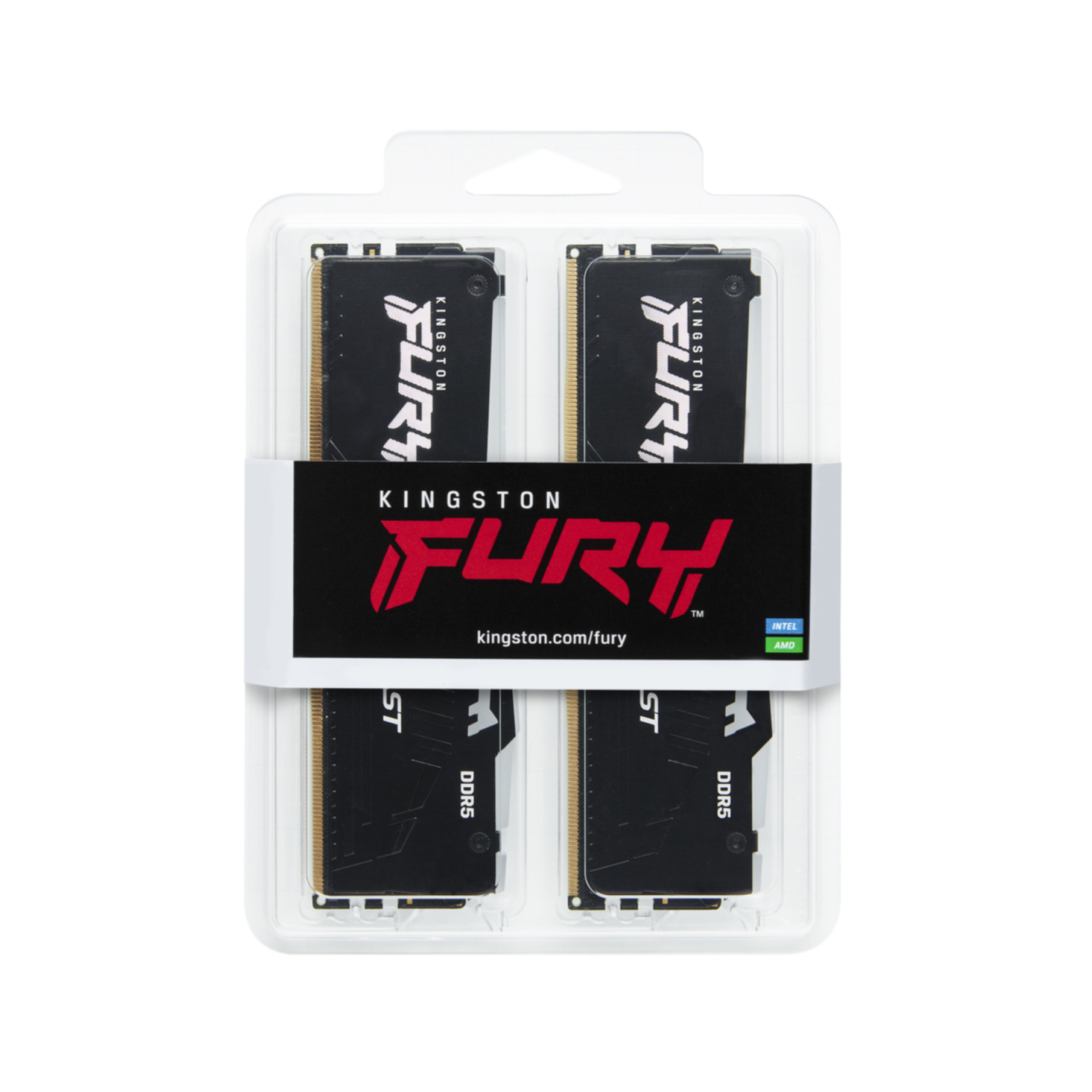 Dwa moduły pamięci RAM w przezroczystym plastikowym opakowaniu, z marką Kingston FURY i DDR5.