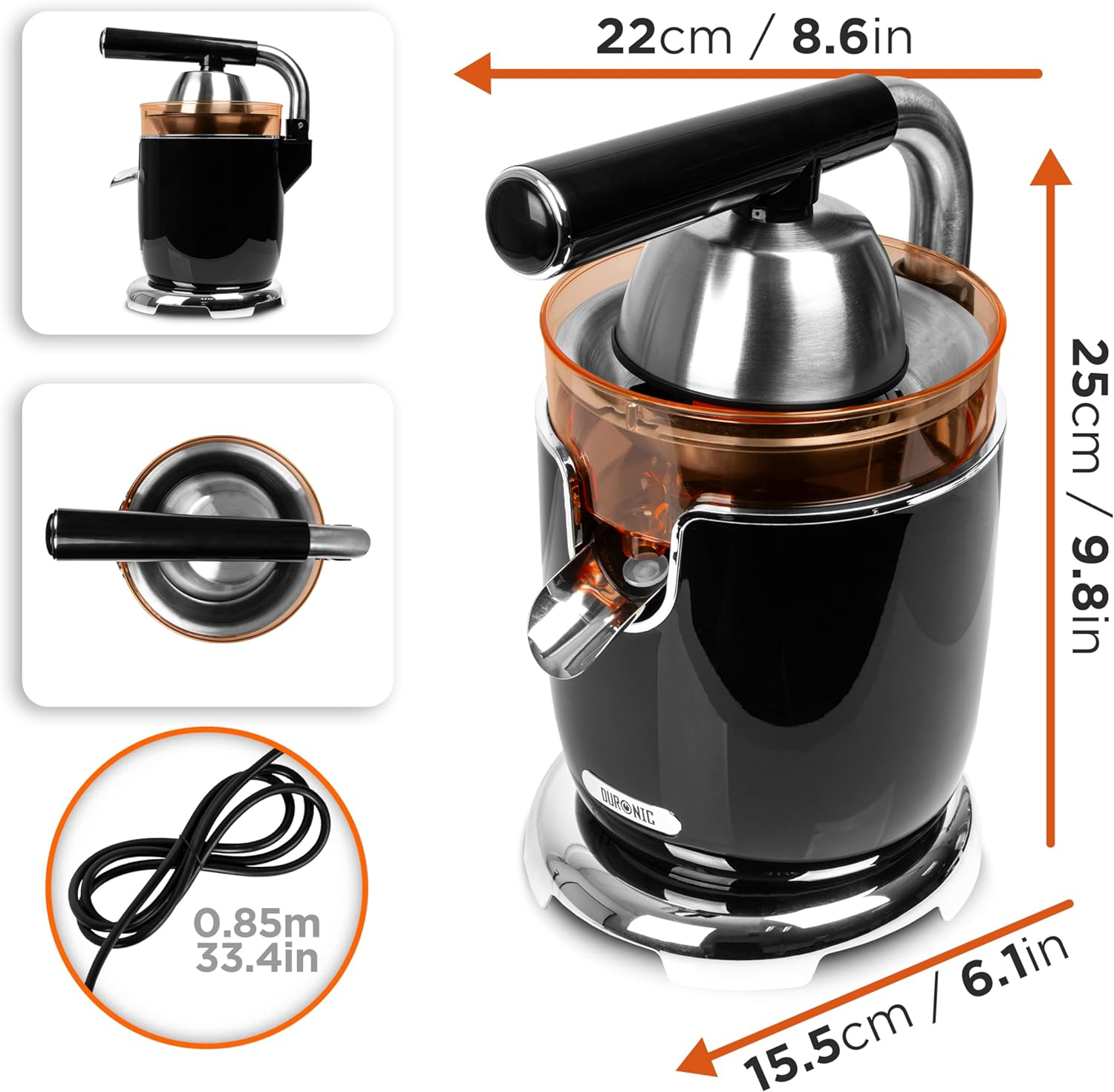 Exprimidor negro con dimensiones, incluyendo medidas en cm y pulgadas.