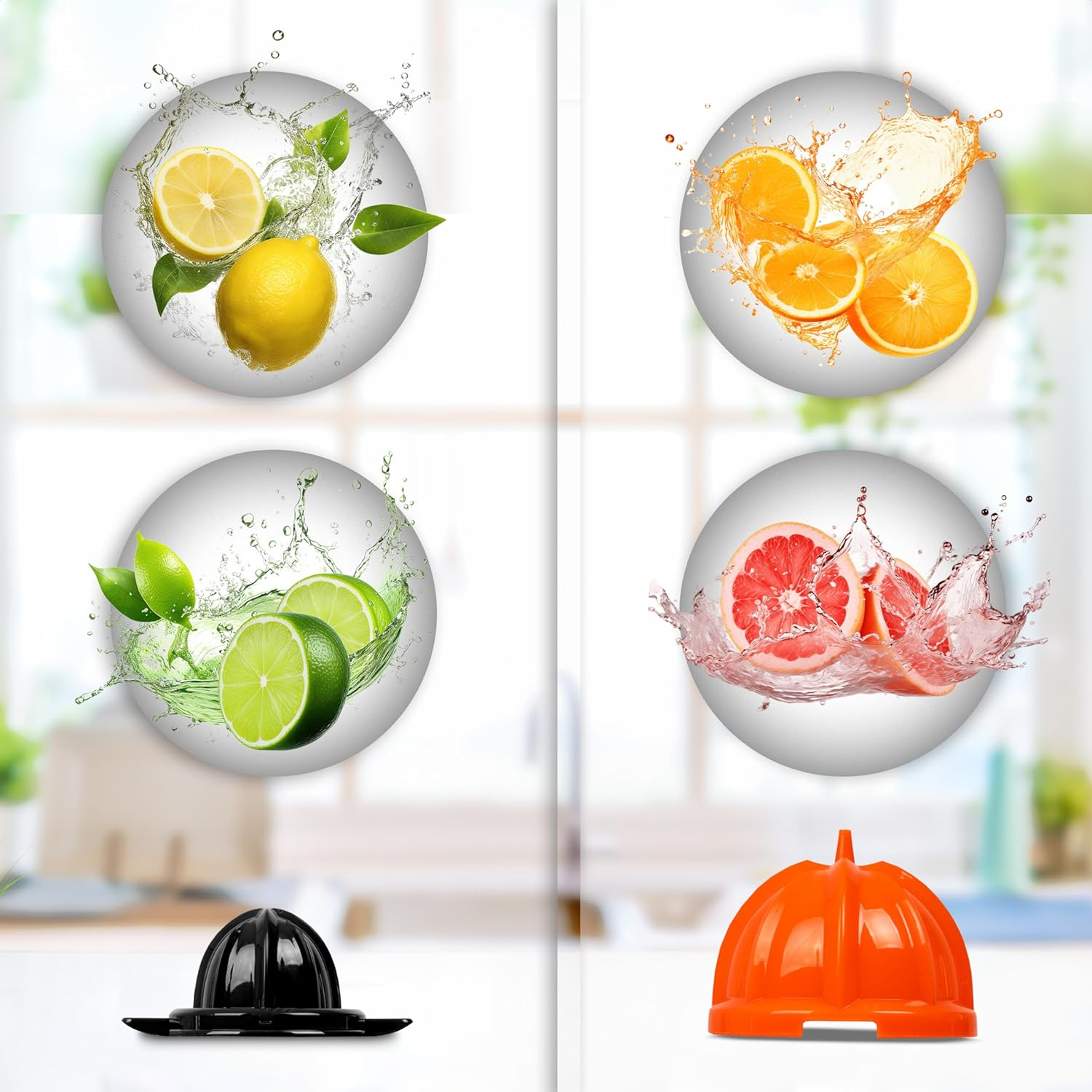 Cuatro imágenes de frutas en salpicaduras de agua, con exprimidor y tapa naranja.