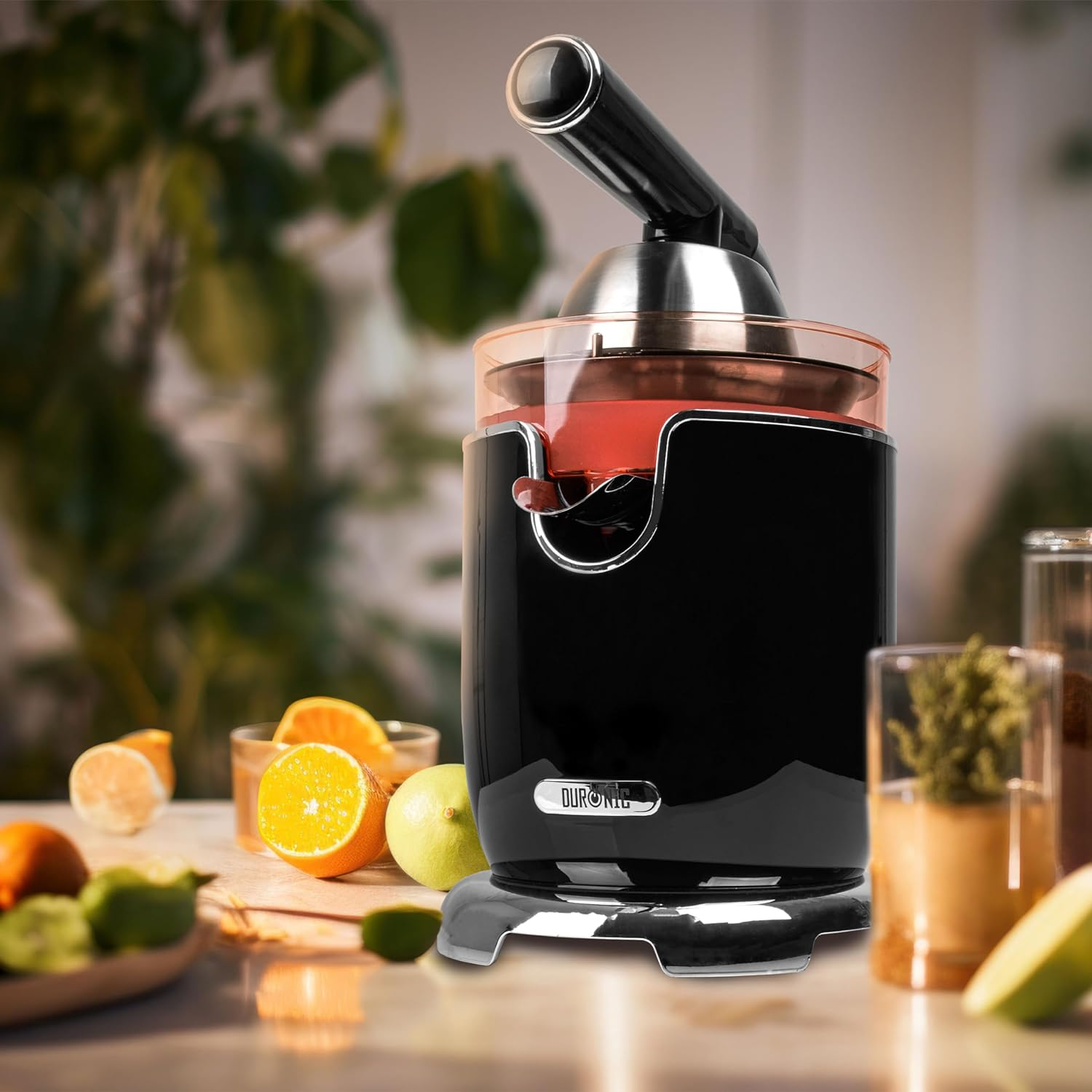 Exprimidor negro. Tiene un recipiente de vidrio, naranjas, limones y una planta en el fondo.