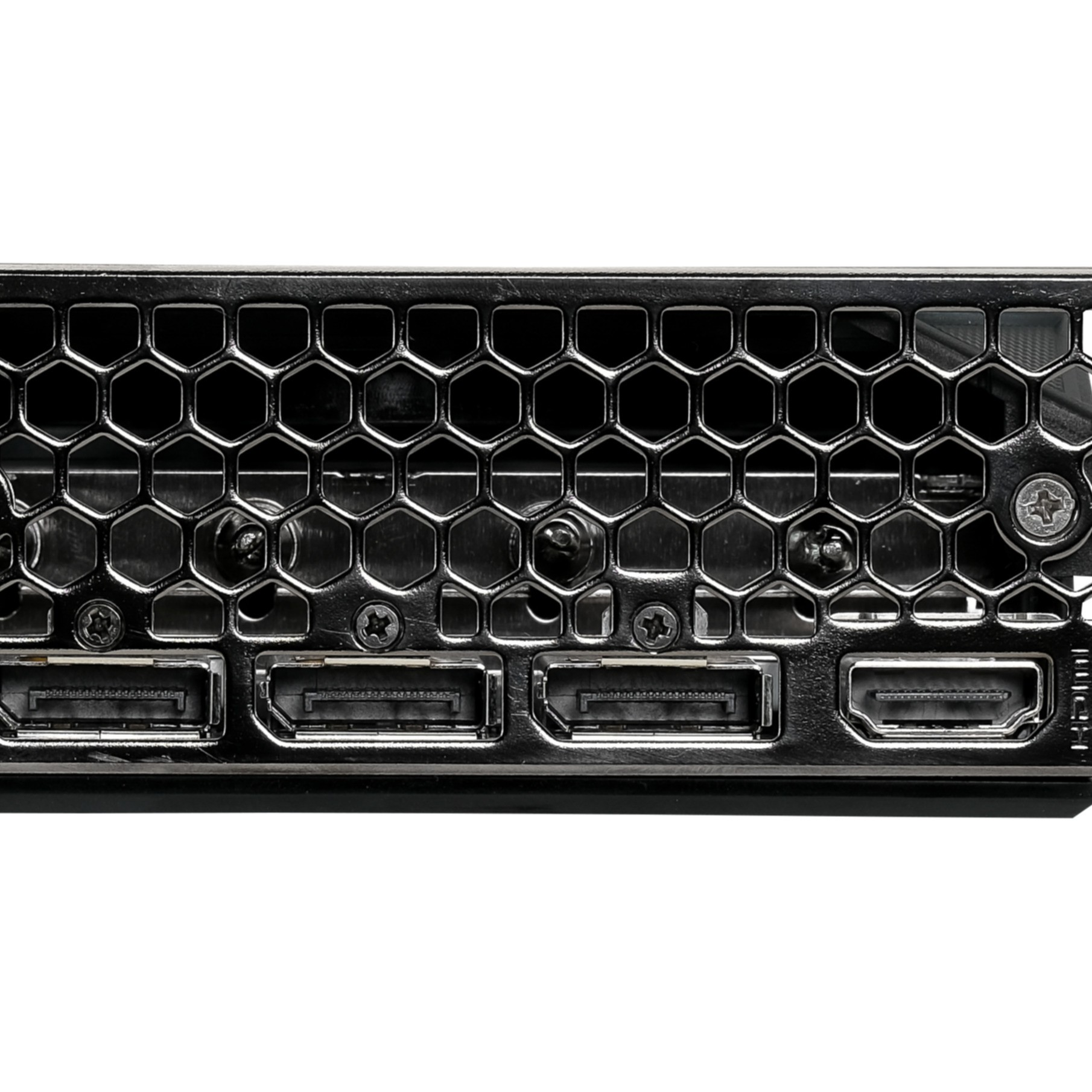 Primo piano di un componente per computer nero con porte, finitura metallica, sfondo bianco.