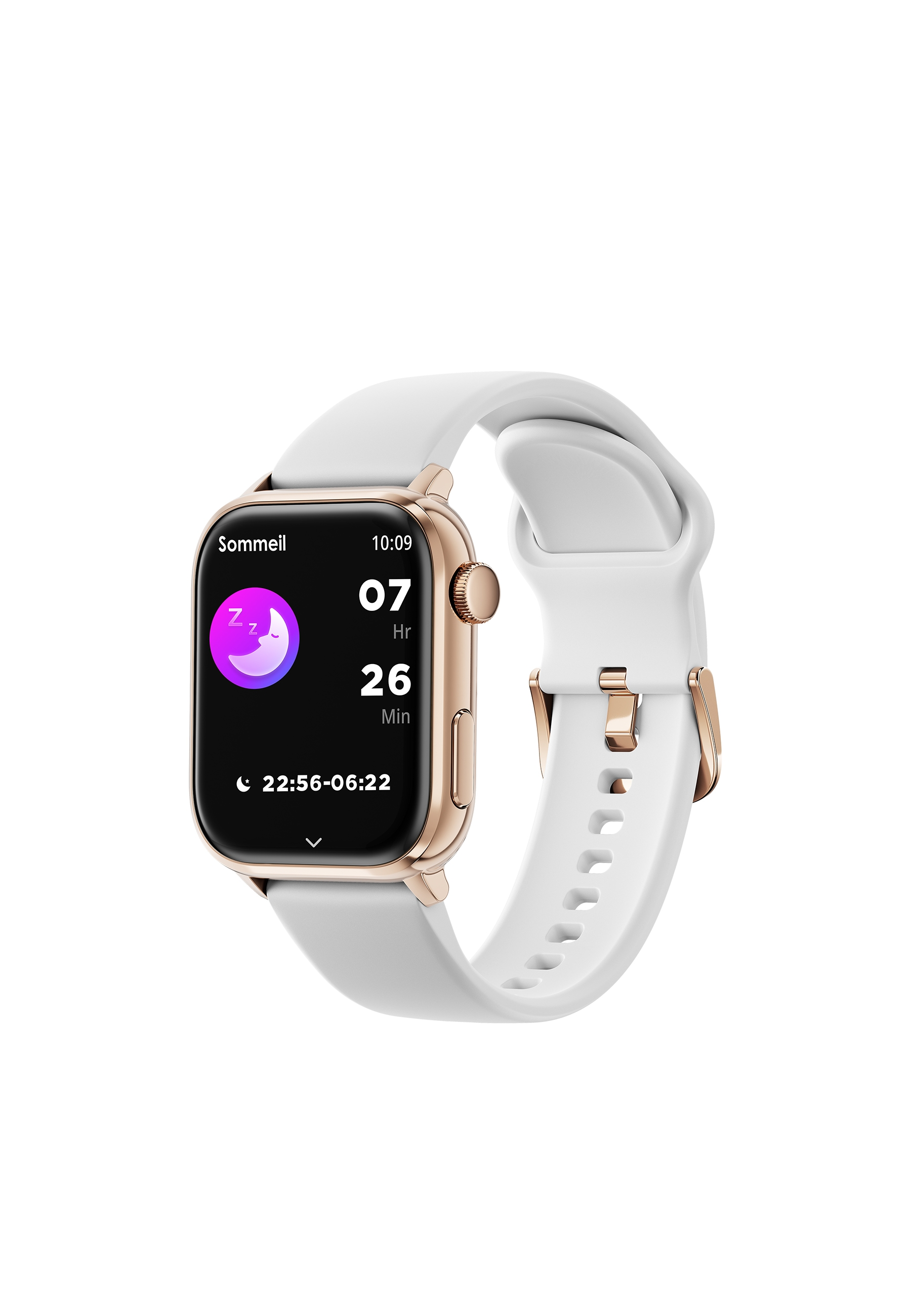Goldene und weiße Smartwatch zeigt Schlafdaten auf dem Bildschirm.