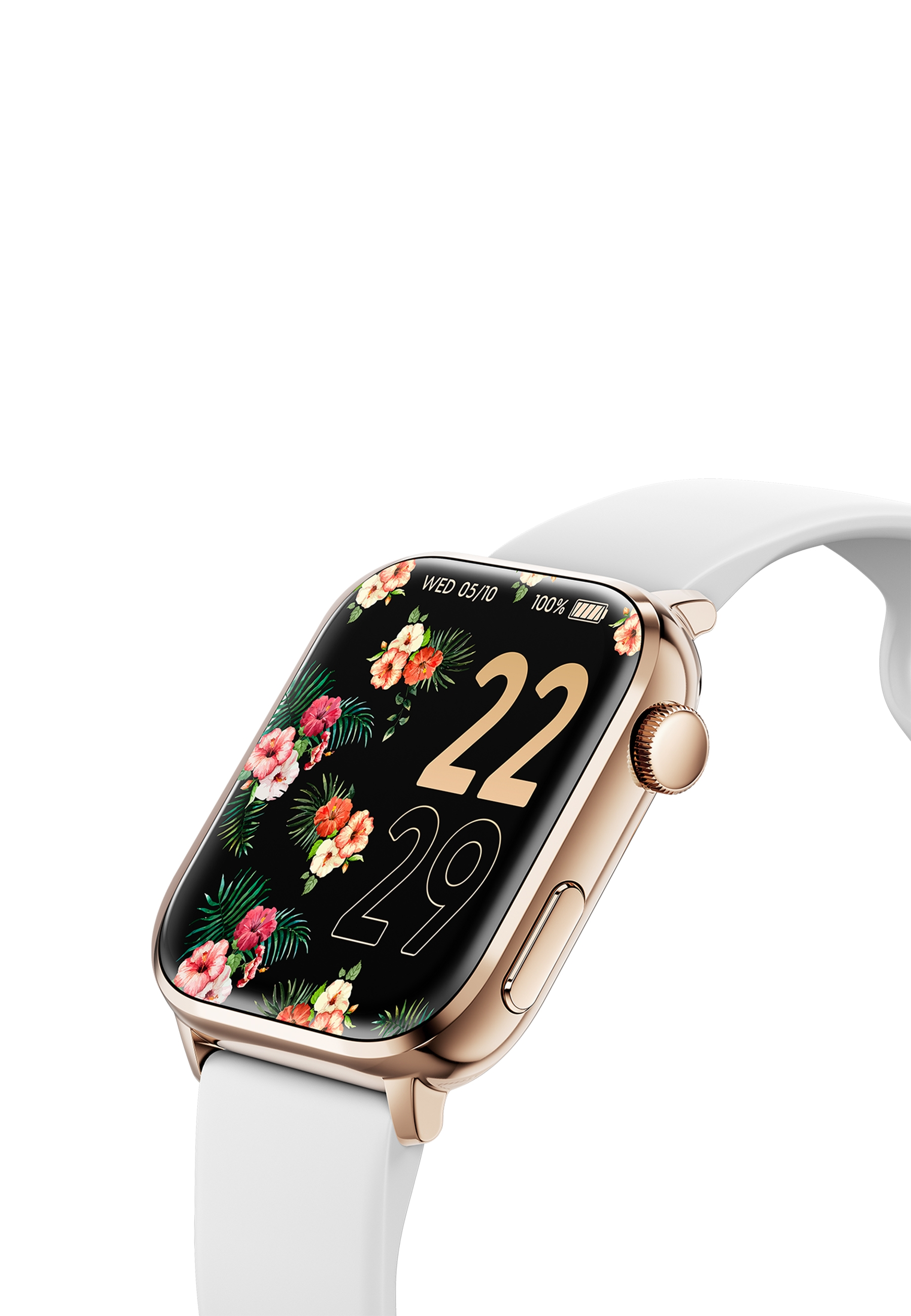 Goldene Smartwatch mit floralem Display, das Datum und Uhrzeit anzeigt, mit weißem Armband.