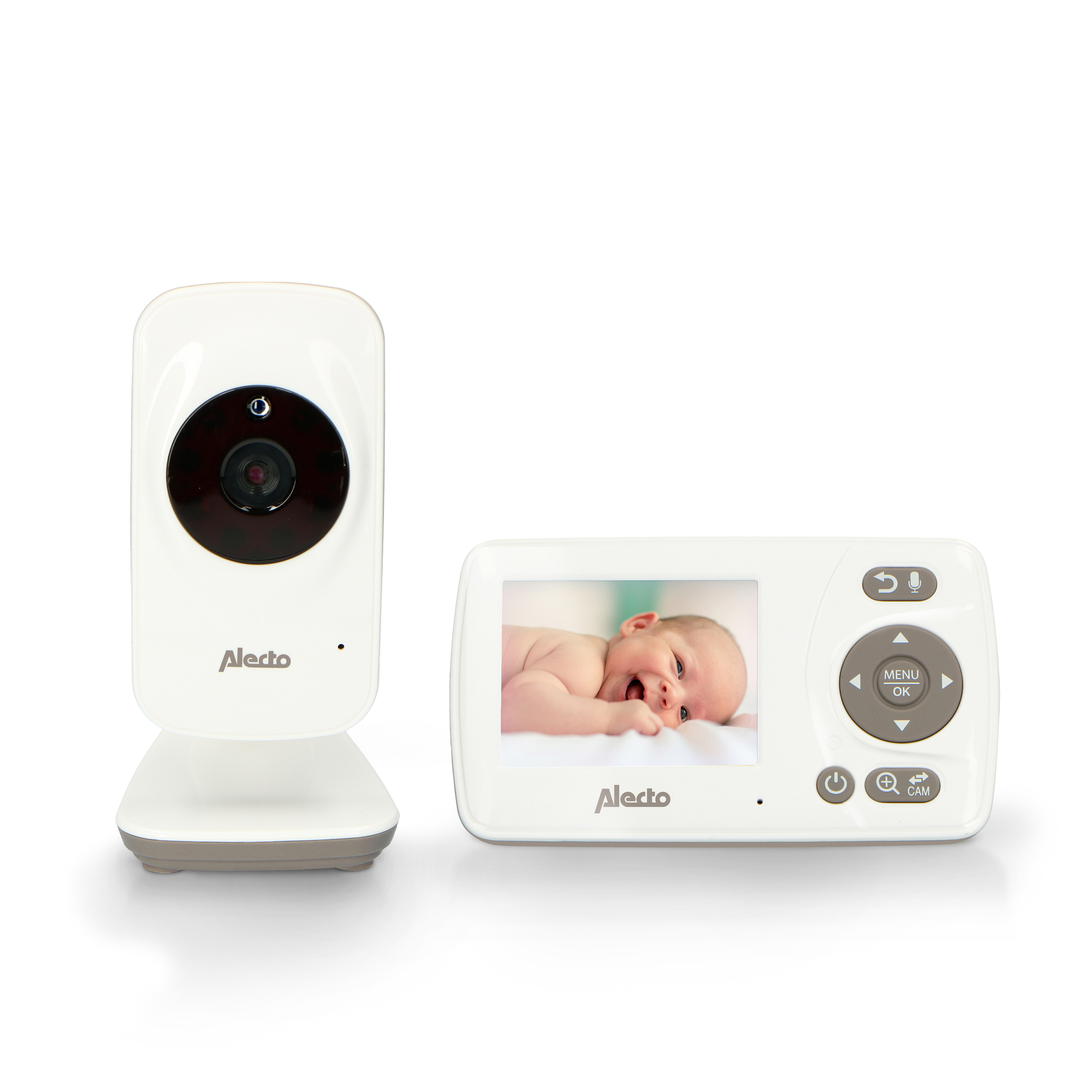 Baby monitor with a baby on the screen. The monitor is on a white surface. The camera is also visible.