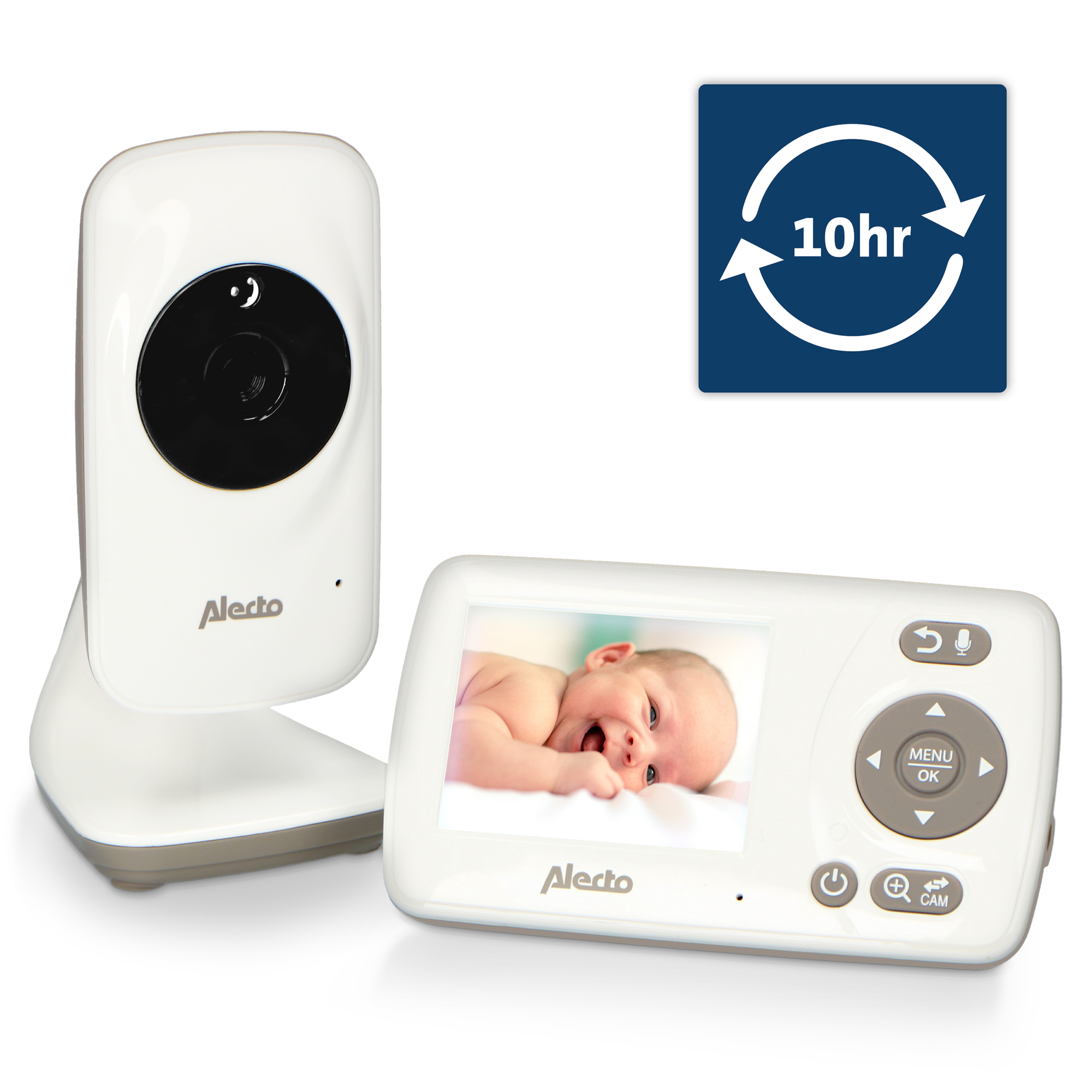 Ein Babyphone mit Kamera und Bildschirm, der ein Baby zeigt. Ein 10-Stunden-Symbol wird angezeigt.