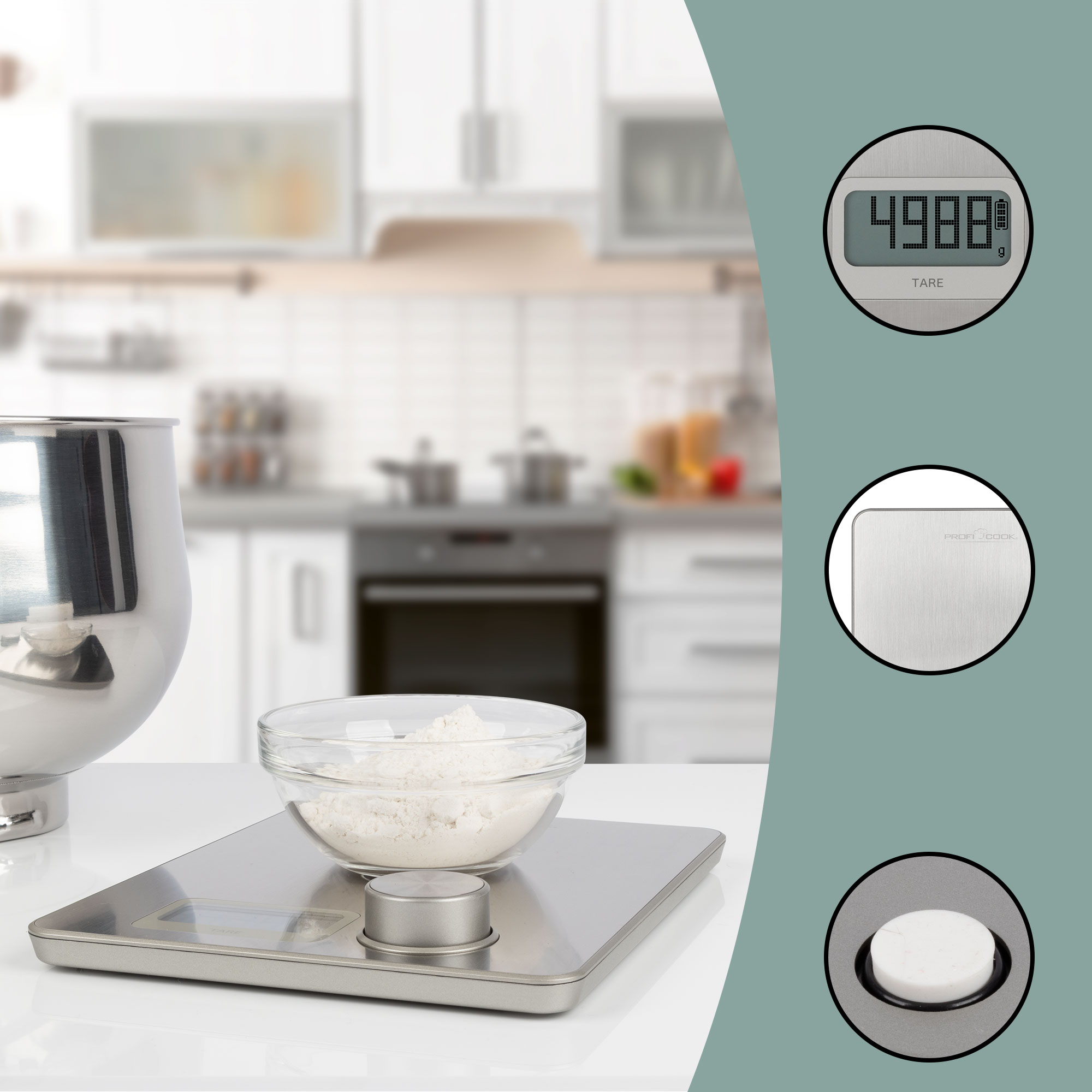 Waga kuchenna z miską mąki i szczegółami na wyświetlaczu.