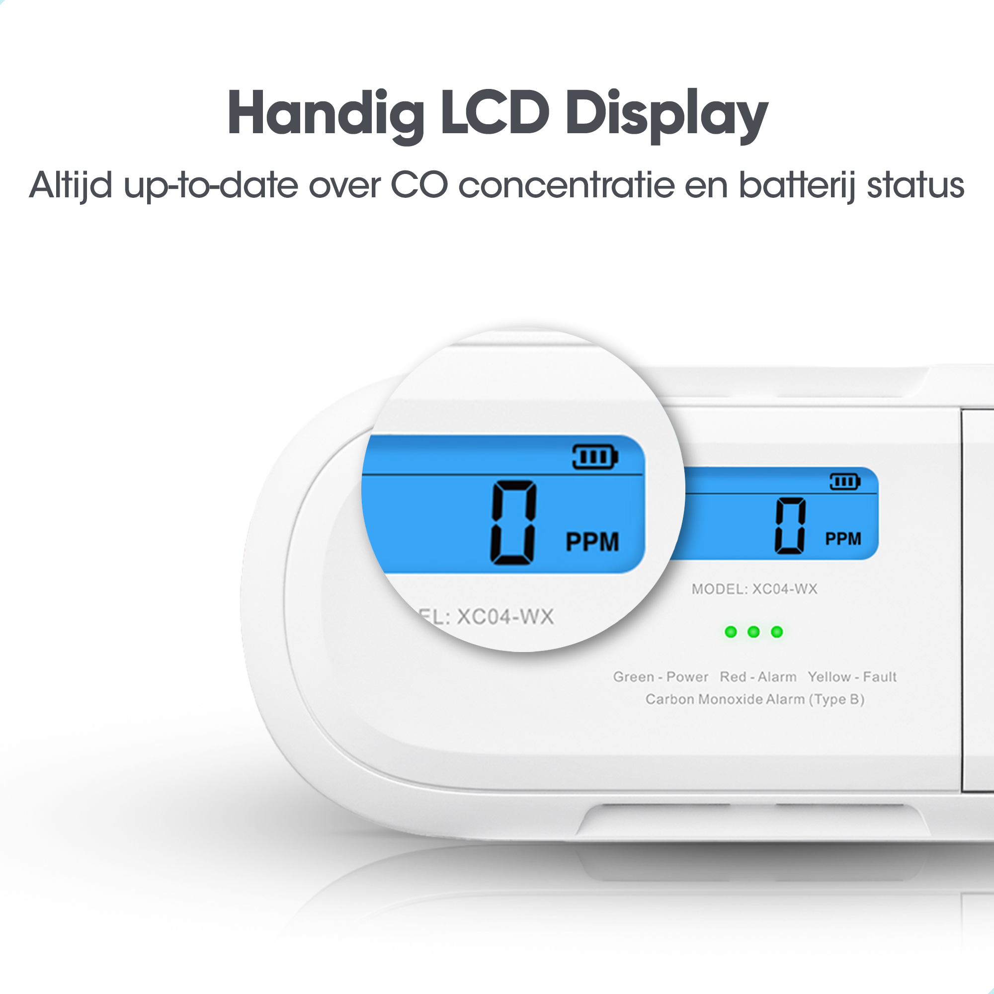 Nahaufnahme eines Kohlenmonoxid-Alarms mit Digitalanzeige, die "0 PPM" anzeigt.