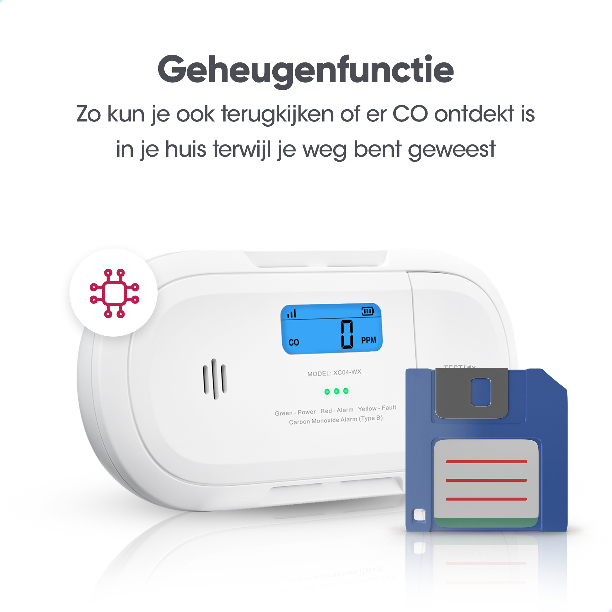 Weißer CO-Detektor mit einer blauen Diskette daneben. Text auf Deutsch. Es ist ein Kohlenmonoxid-Detektor.