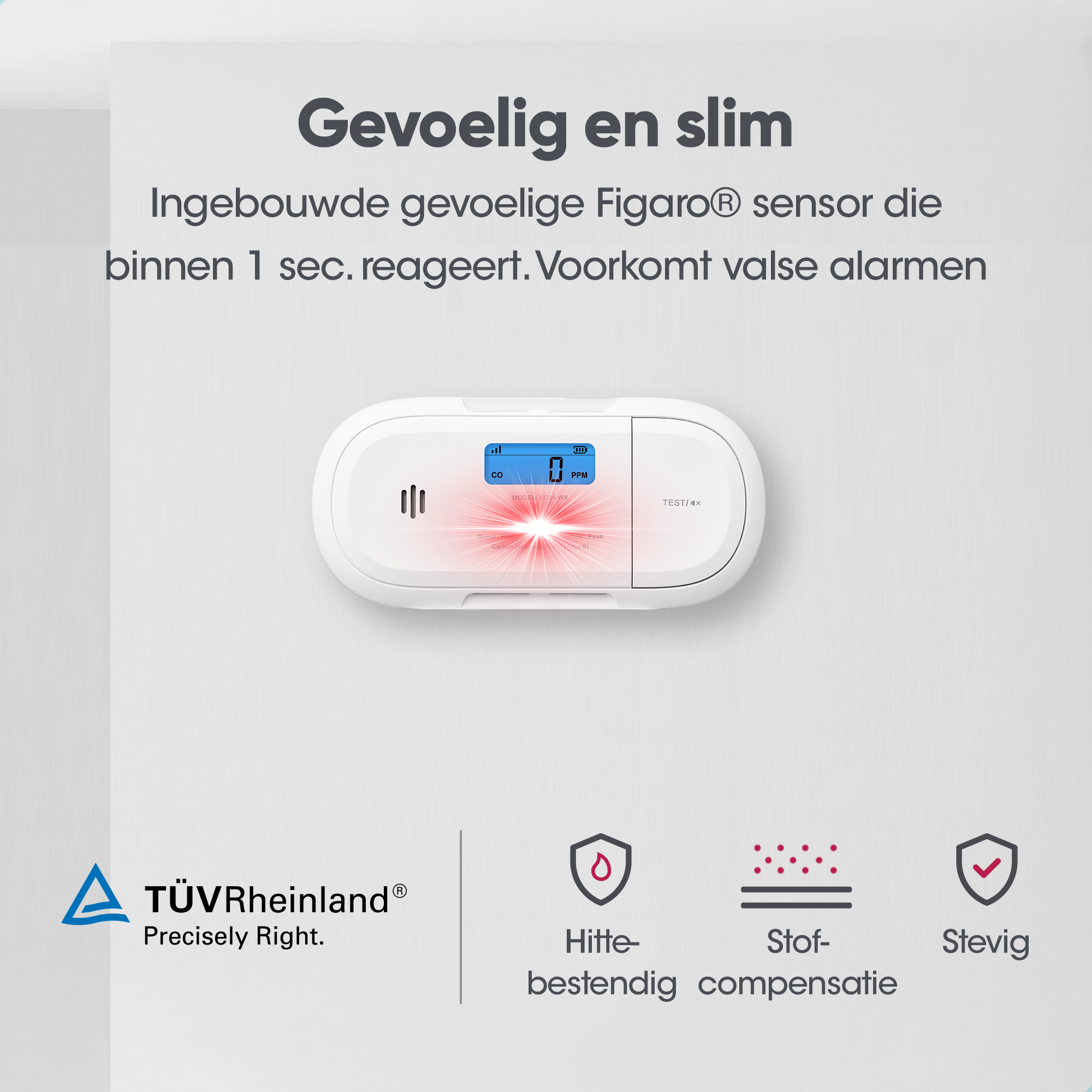 Ein weißer CO-Detektor mit digitaler Anzeige, die '0 PPM' anzeigt. Text besagt, dass er Fehlalarme verhindert.