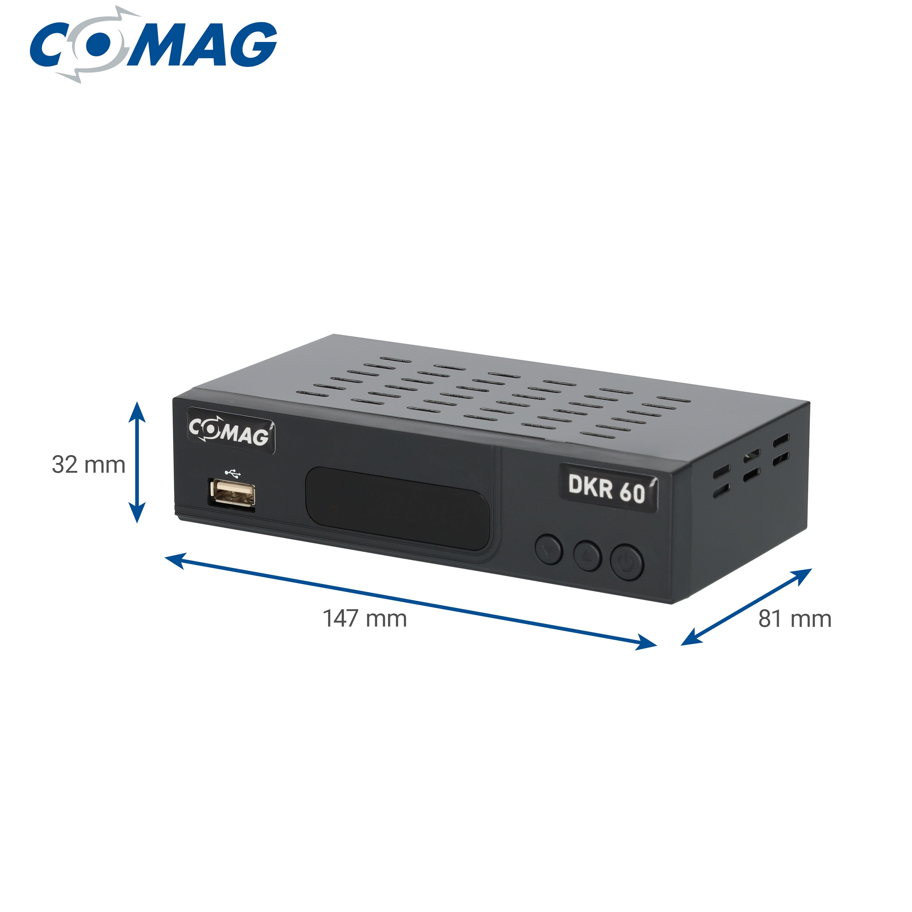 Schwarzer Digitalreceiver 'DKR 60' mit Maßen und 'COMAG'-Logo auf weißem Hintergrund.