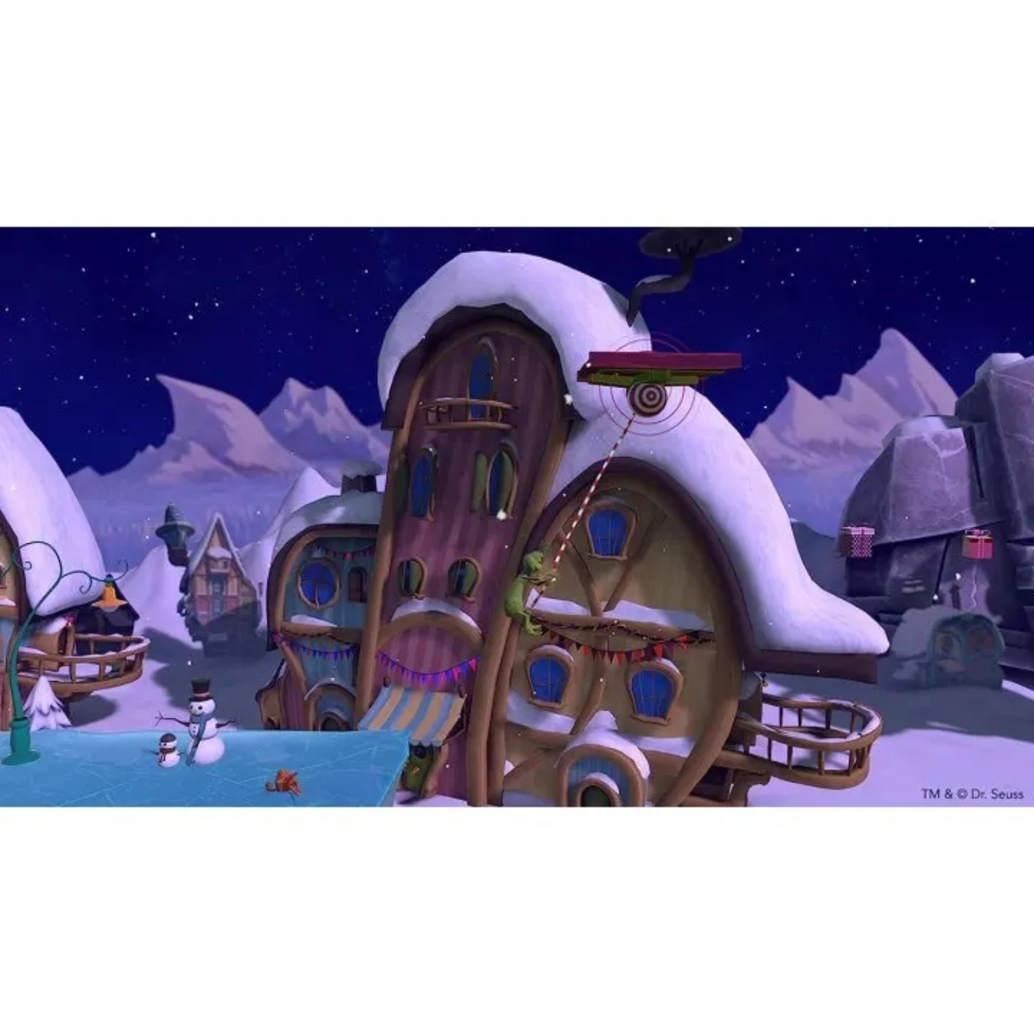 Animierte Szene aus einem Zeichentrickfilm: Ein grüner Grinch klettert auf ein Gebäude, Schneemänner und Häuser in einer verschneiten Landschaft.