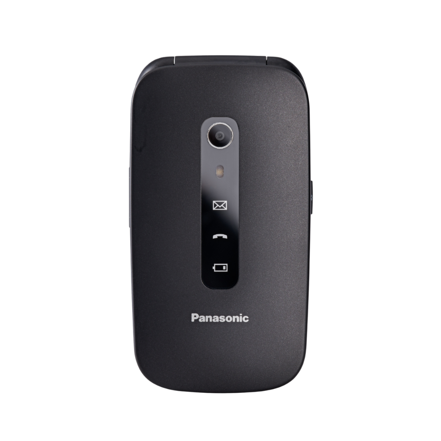 Schwarzes Panasonic Klapphandy mit Kamera und einigen Symbolen.