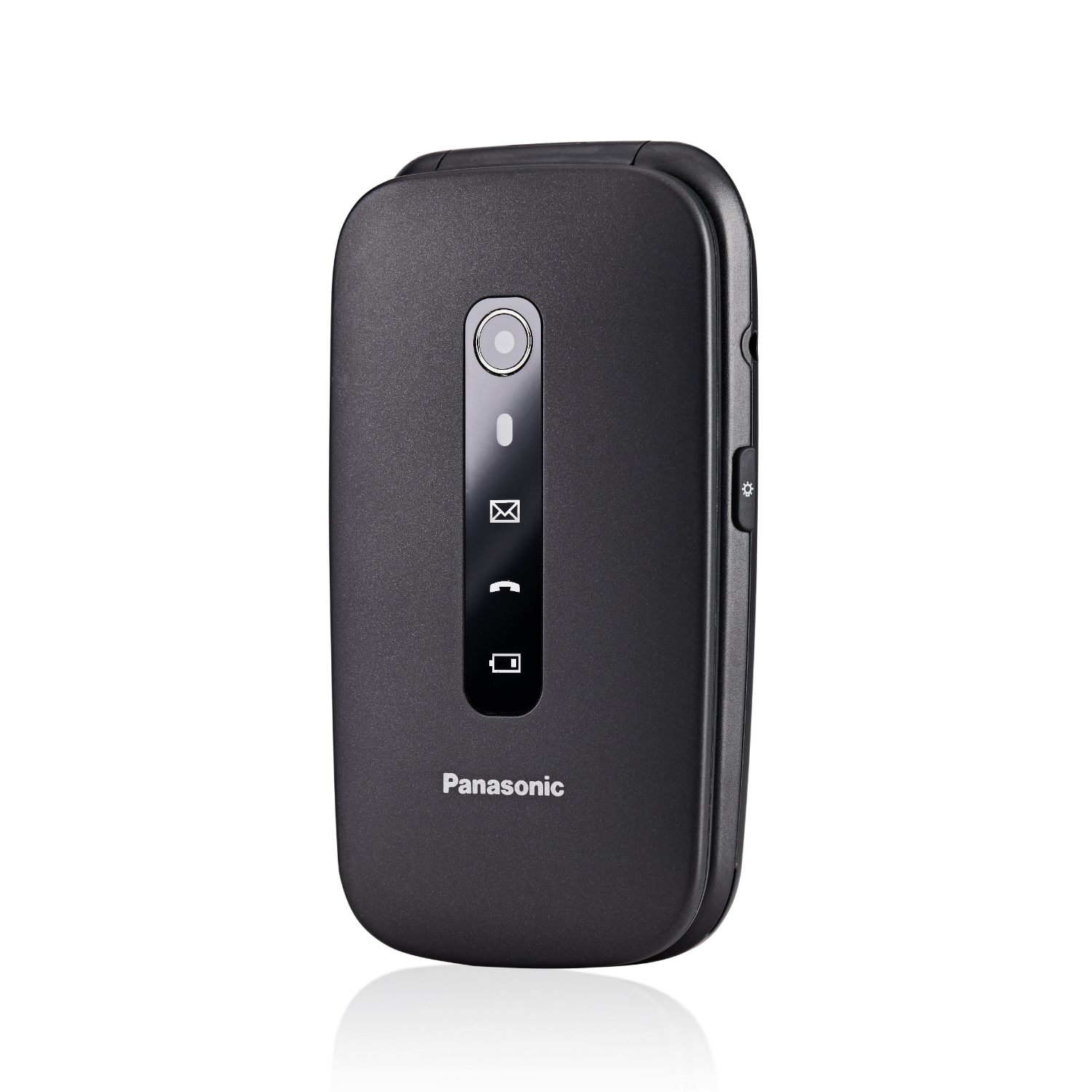 Ein geschlossenes schwarzes Panasonic Klapphandy mit Kamera und Knöpfen auf weißem Hintergrund.