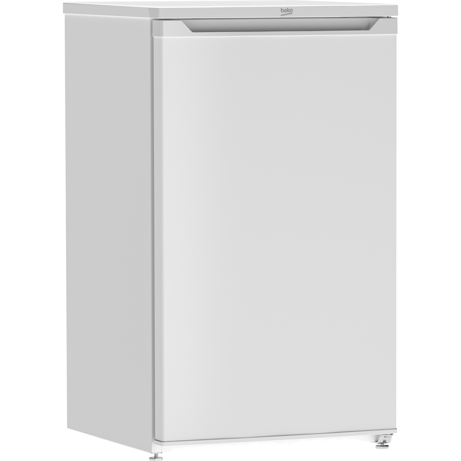 Biała lodówka z pojedynczymi drzwiami, czysty design i logo 'beko'.