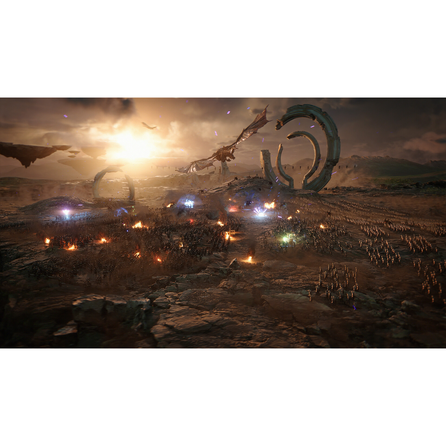 Epicka scena bitwy z wojownikami, smokiem i strukturami podczas zachodu słońca.