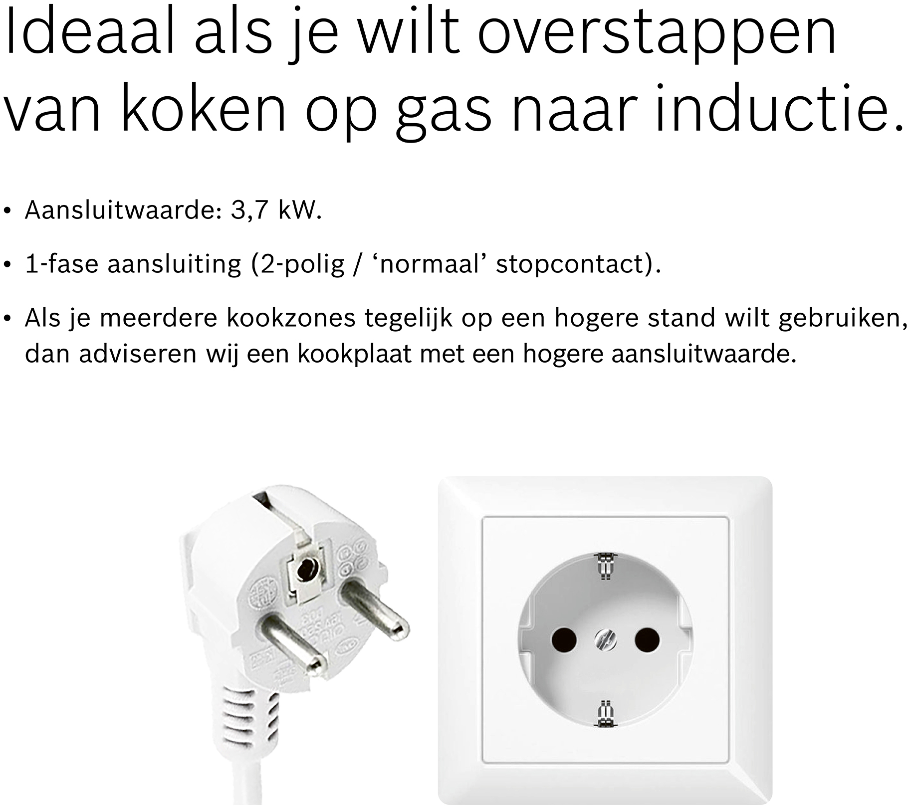 Obraz z tekstem oraz wtyczką i gniazdem. Tekst mówi, że jest to idealne rozwiązanie przy przejściu z gazu na indukcję.