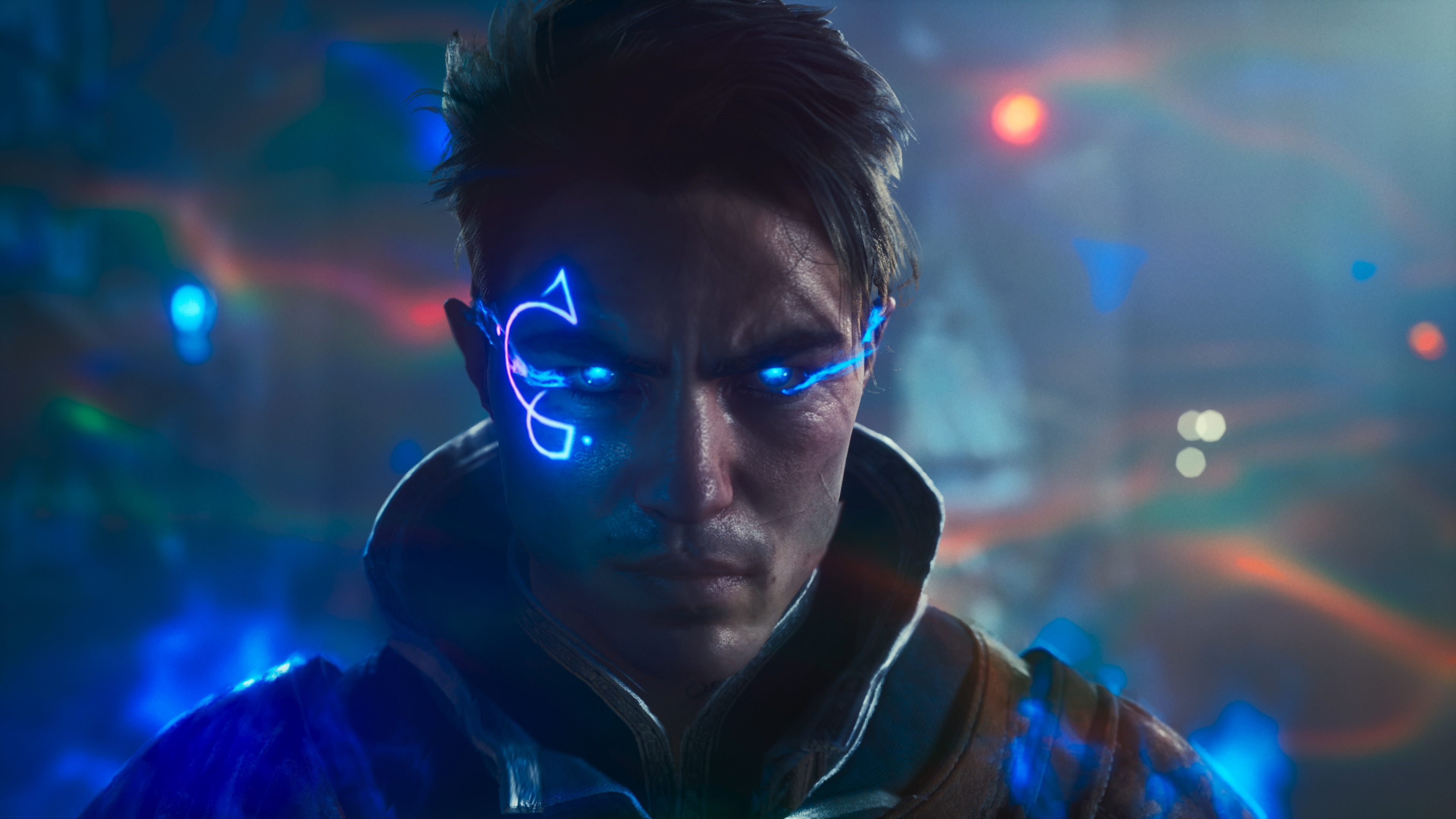 Mężczyzna z świecącymi niebieskimi oczami i znakami na twarzy. Emituje niebieskie światło. Ciemne tło.