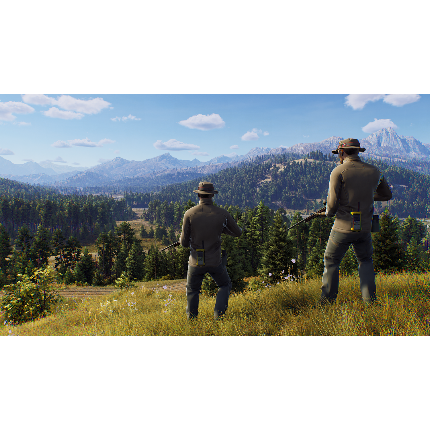 Zwei Jäger auf einem Feld mit Gewehren. Grüne Bäume und Hügel im Hintergrund. Der Himmel ist blau mit Wolken.