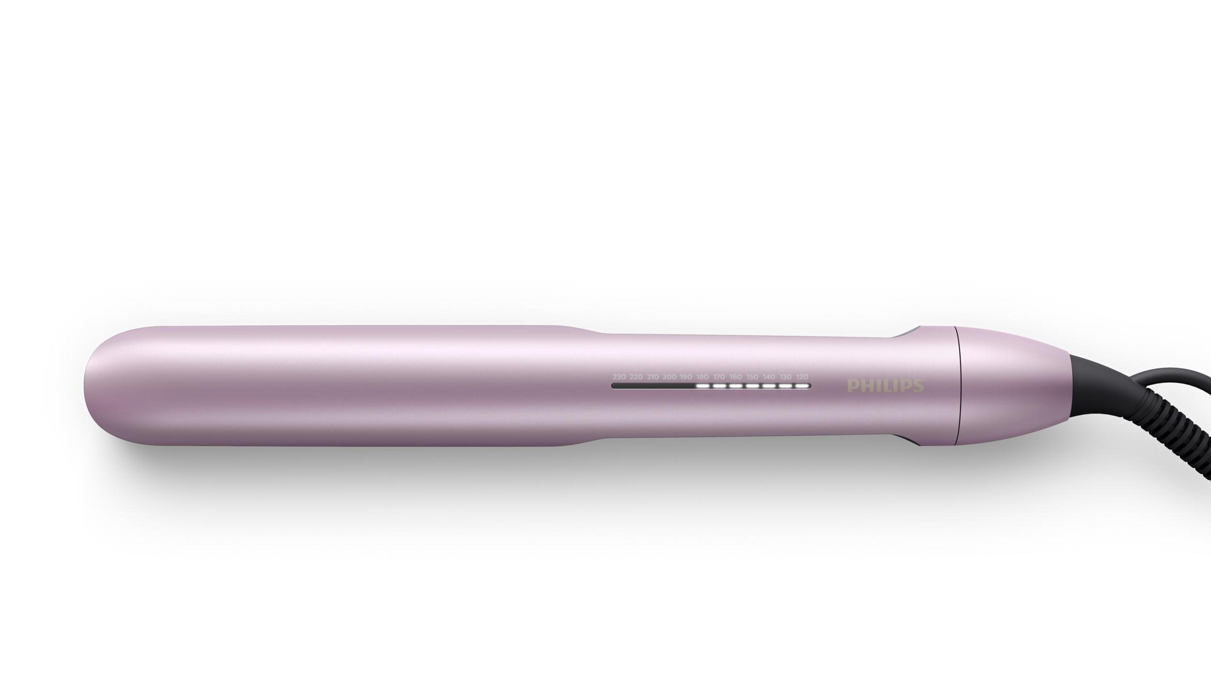 Ein pinkfarbener Philips Haarglätter auf weißem Hintergrund.