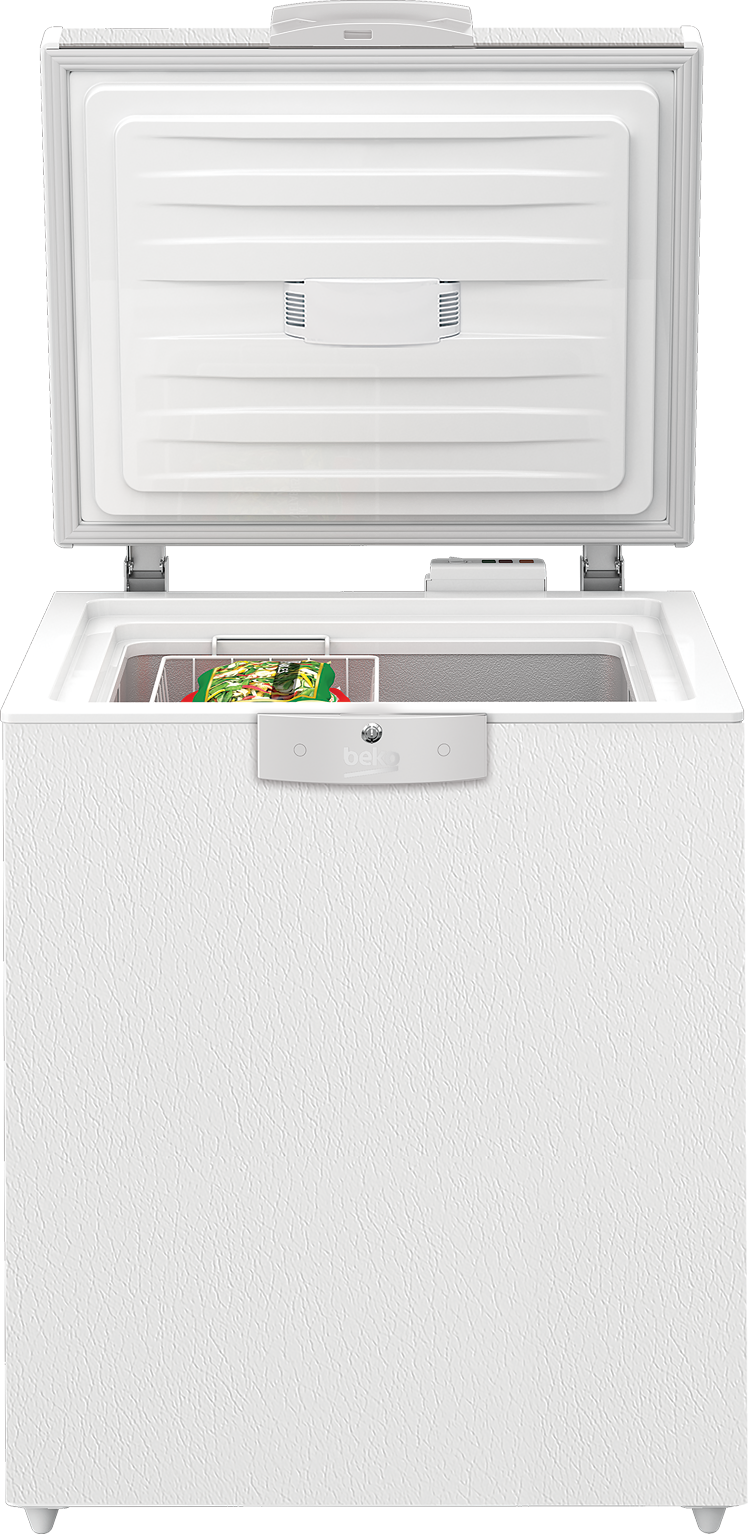 White chest freezer with lid open, revealing compartments and a package inside.