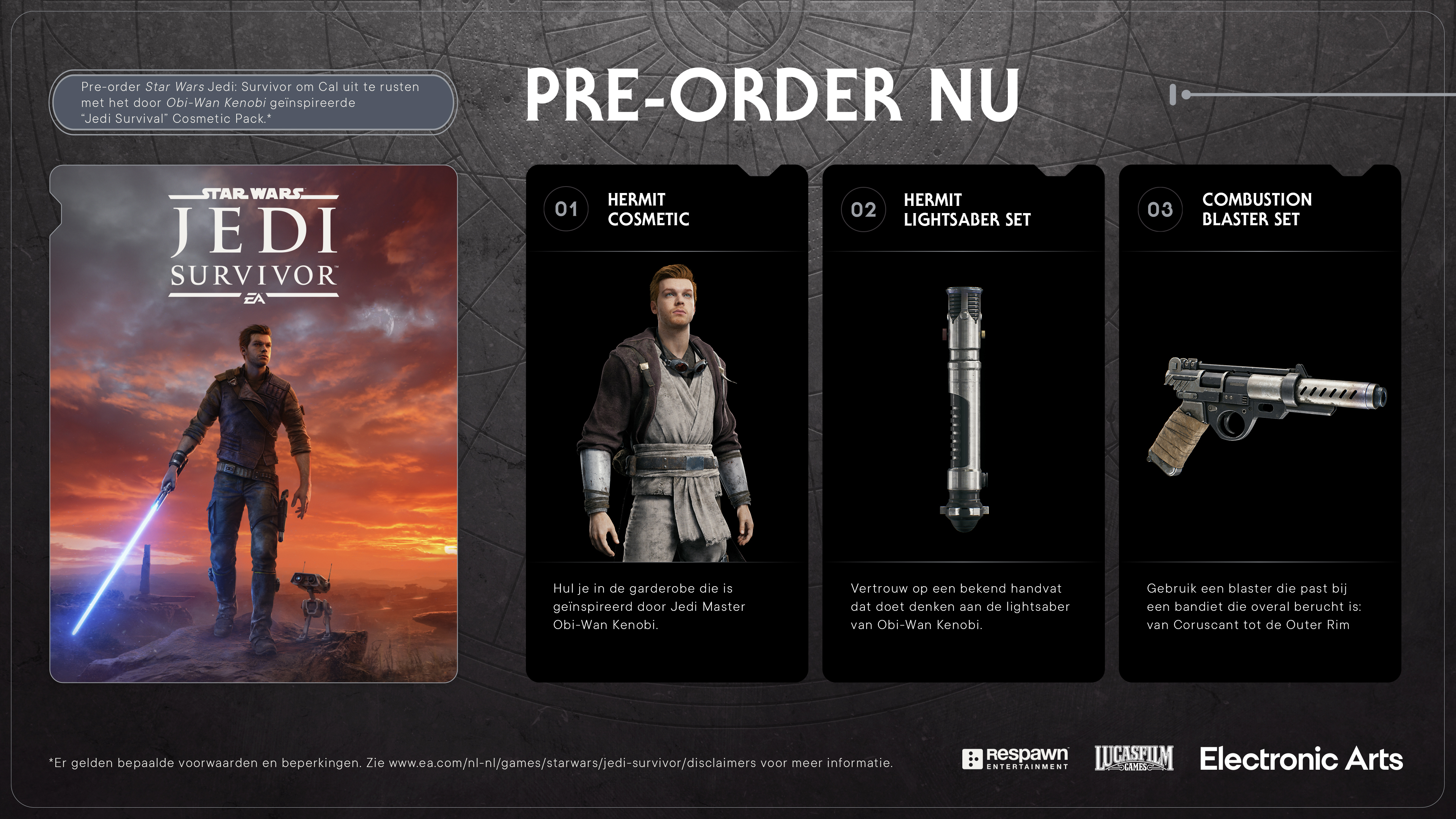 Obraz promocyjny z przedmiotami z przedsprzedaży Star Wars Jedi Survivor: kosmetyki, miecz świetlny i zestaw blasterów.