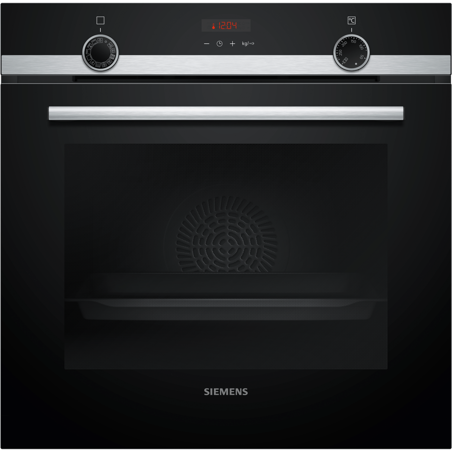 Un horno con reloj digital, diales y un interior oscuro.