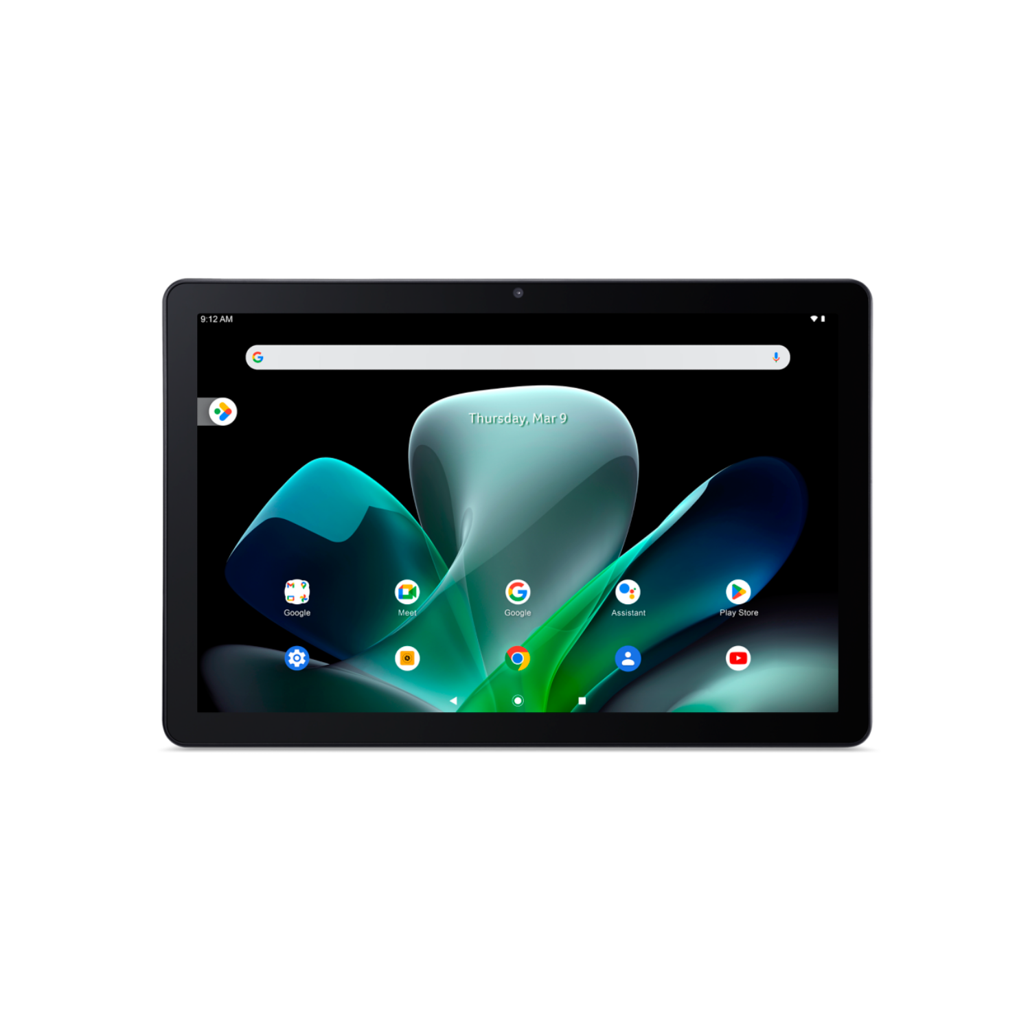 Tablet nero con schermo colorato, che mostra icone delle app e l'ora, cornice nera.