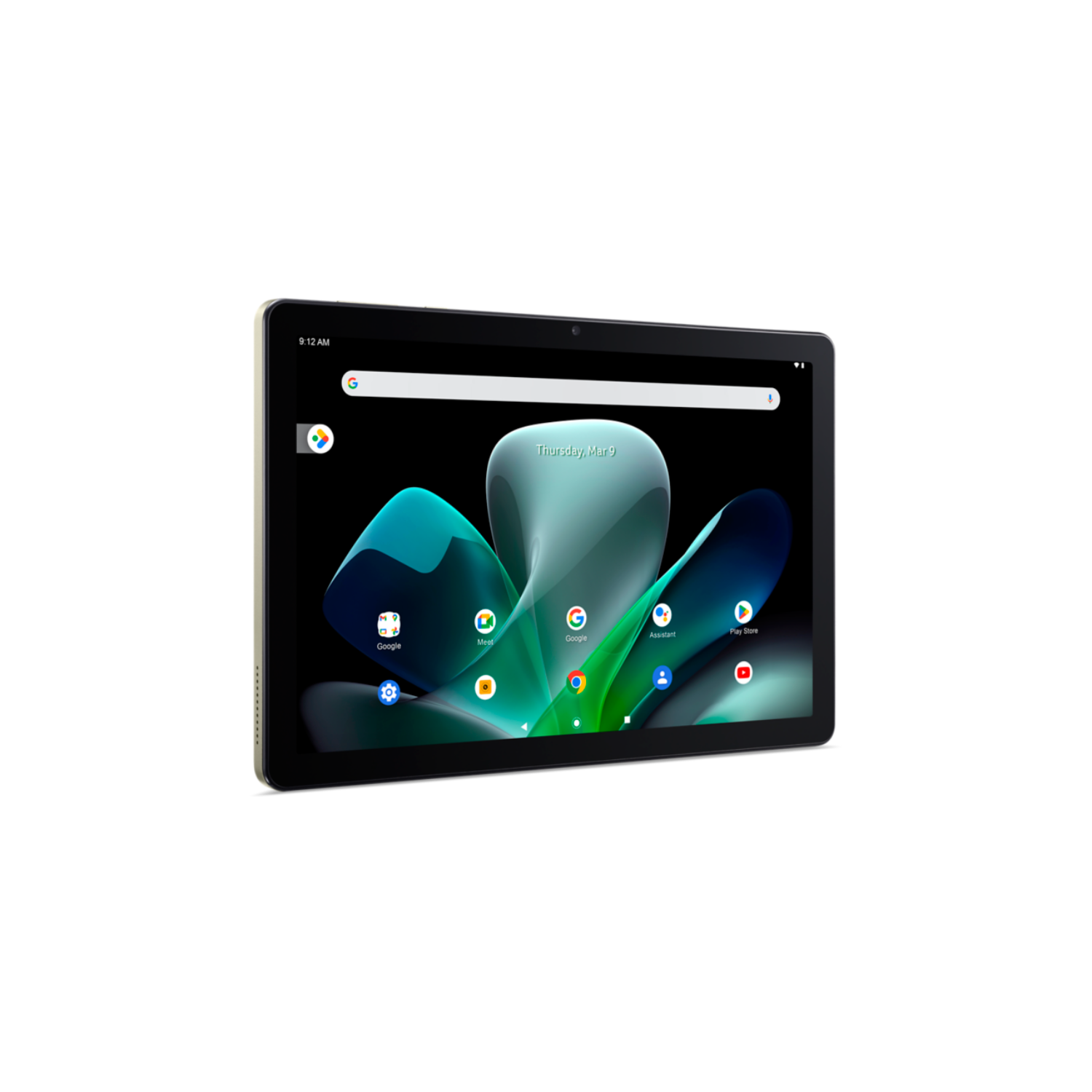 Un tablet con touchscreen che mostra una schermata iniziale, su sfondo nero.