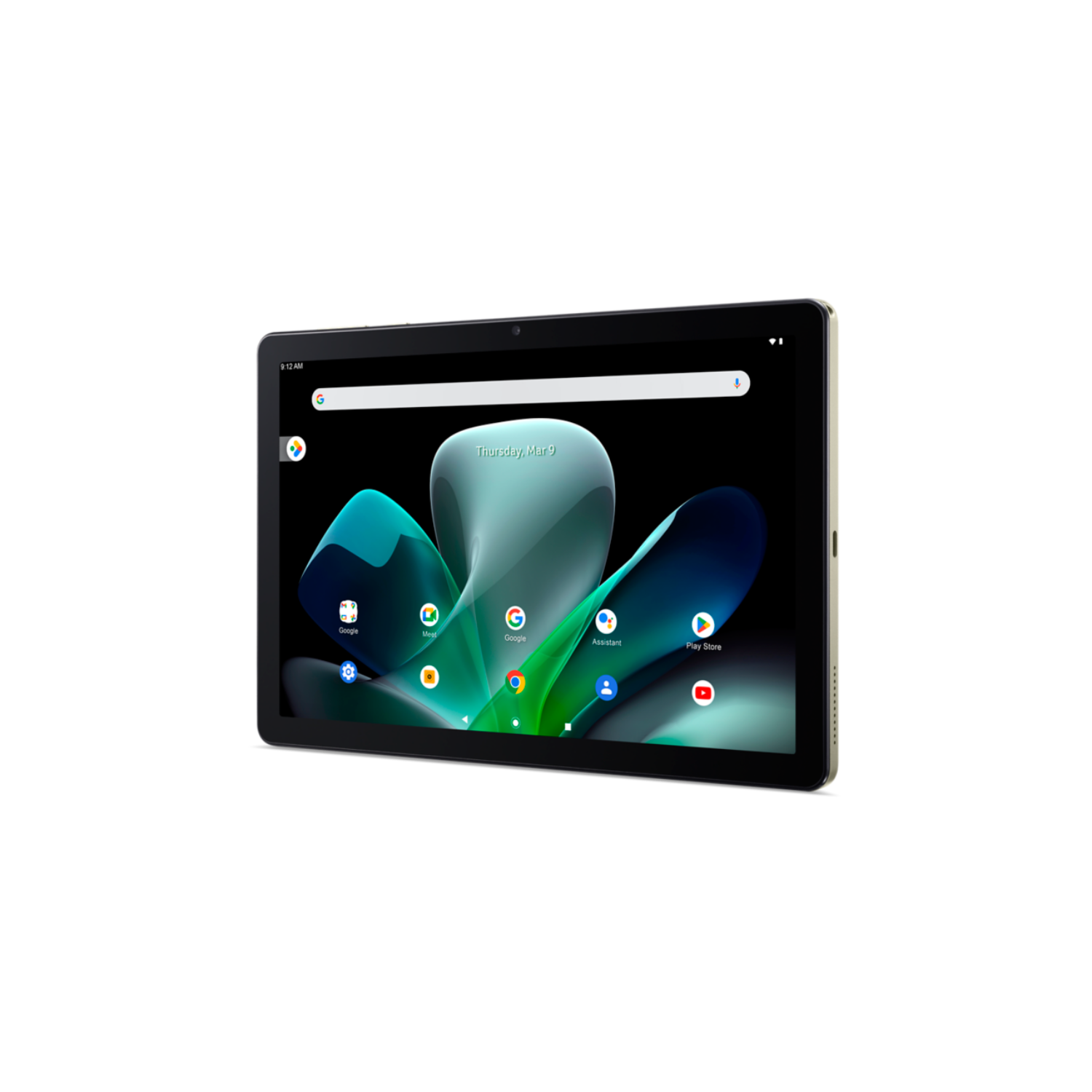 Tablet su nero. Schermo con icone e menu. Bordo dorato.