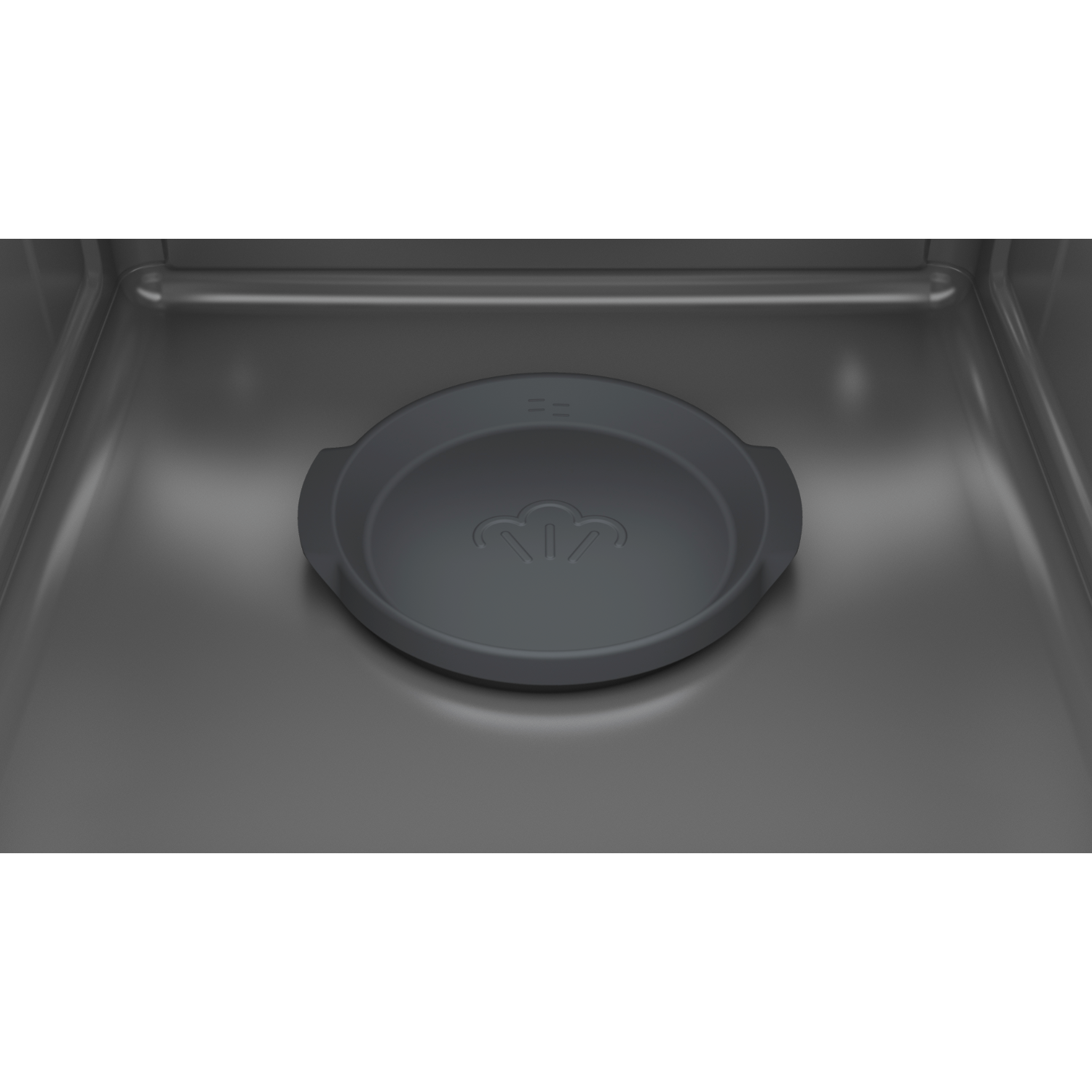 Una bandeja gris dentro de un horno gris. La bandeja tiene un logotipo.