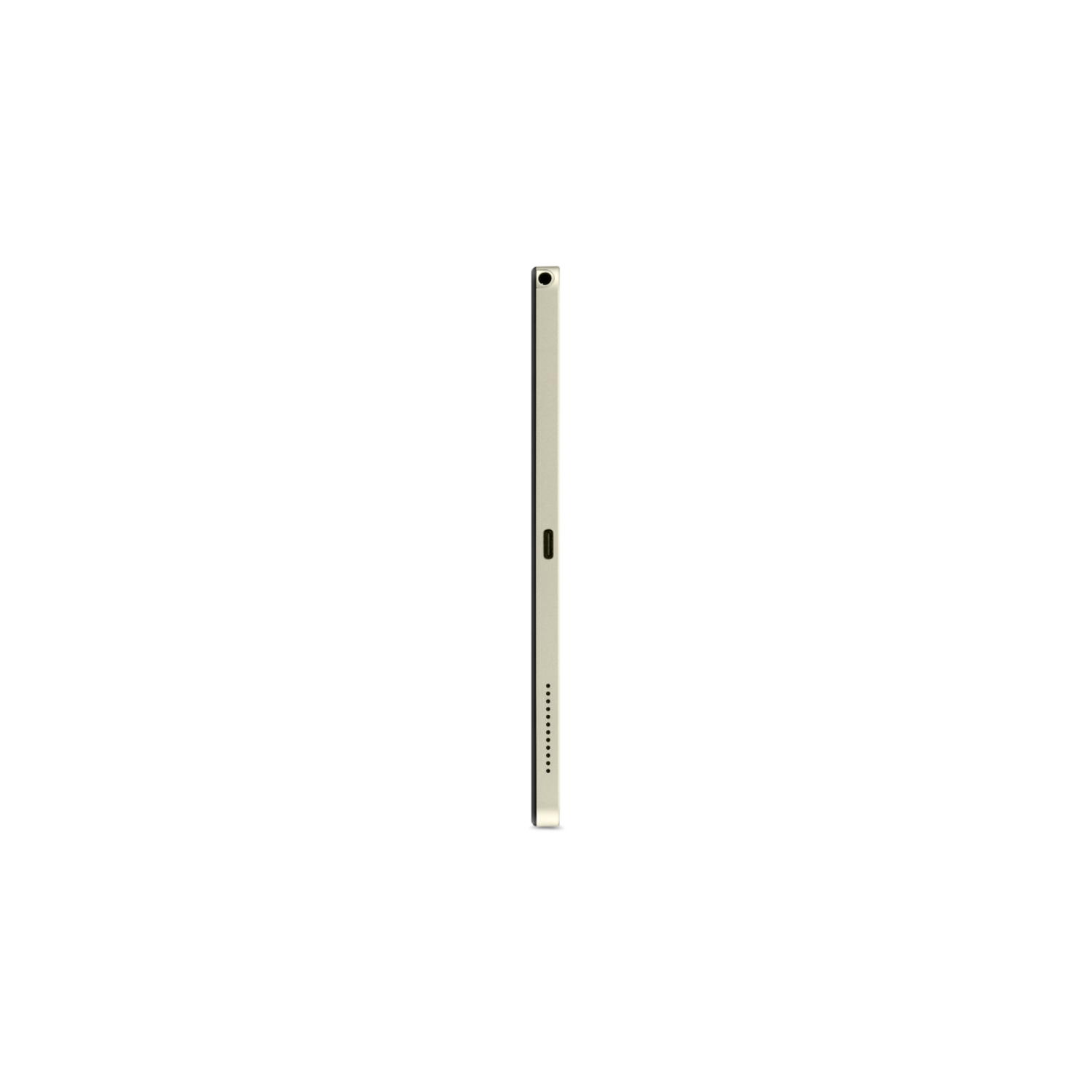 Un tablet in orientamento verticale, profilo laterale visibile, su sfondo nero.