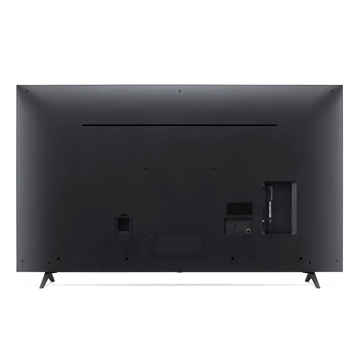 Tył dużego czarnego telewizora. Z tyłu widoczne są porty i punkty montażowe.